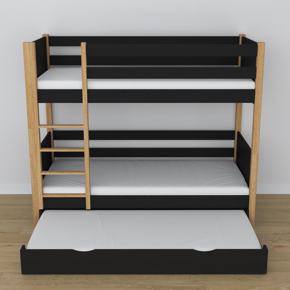 ETAGENBETT N02 mit Matratzenschublade Schwarz / Eiche Natur 120/190 - Schwarz/Eiche Artisan, Naturmaterialien/Holz (120/190cm) - N-Wood