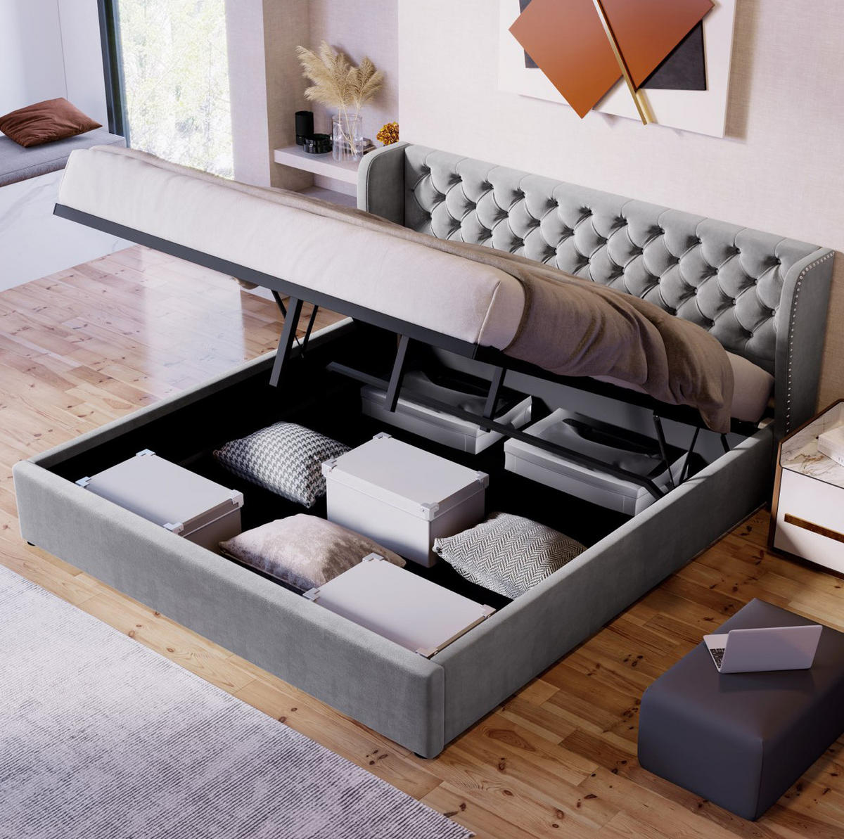 POLSTERBETT 160/200 cm mit hydraulischem Bettkasten, Chesterfield-Kopfteil 99 cm, Grau - Grau, Textil (160/200cm) - Redom