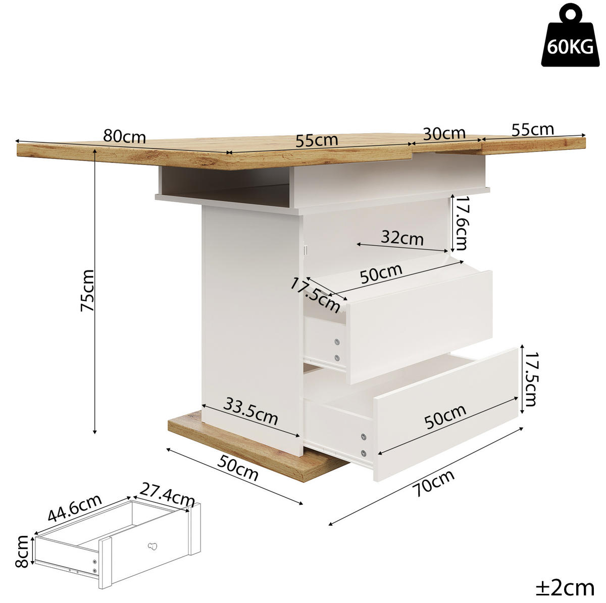 JÍDELNÍ stůl 110-140/80 cm, rozkládací, se skrytým úložným prostorem a 3 policemi, Přírodní/Bílá - bílá, kompozitní dřevo (110/80/75cm) - Redom