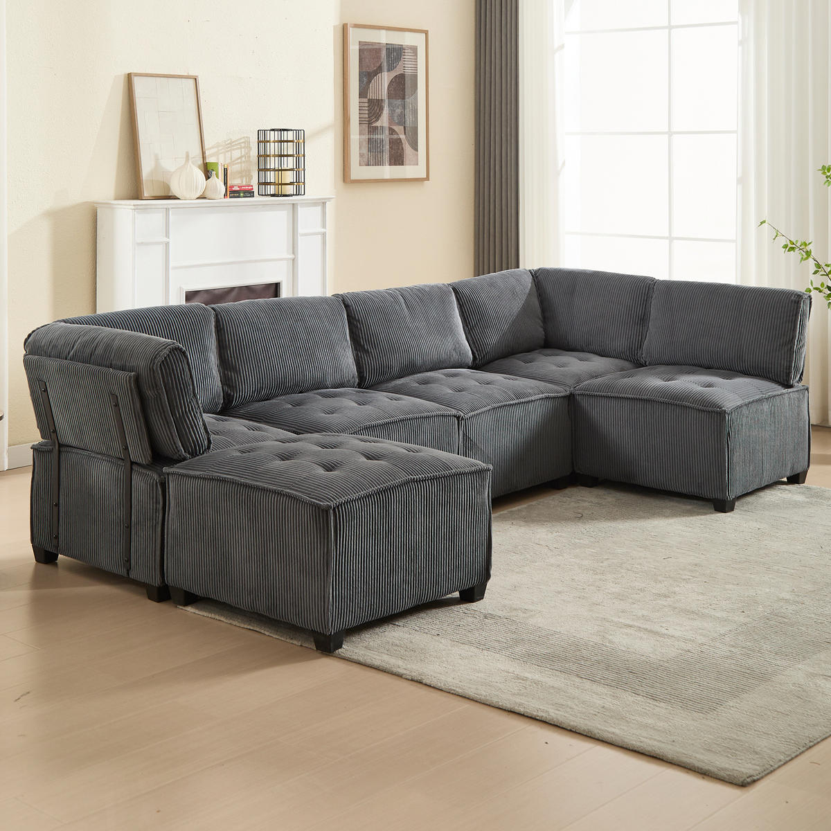 MODULARES 6-Sitzer Sofa Cord flexibel als U-/L-Form und Eckschlafsofa Grau 308/154/82 cm - Grau, Textil (154/308cm) - Redom
