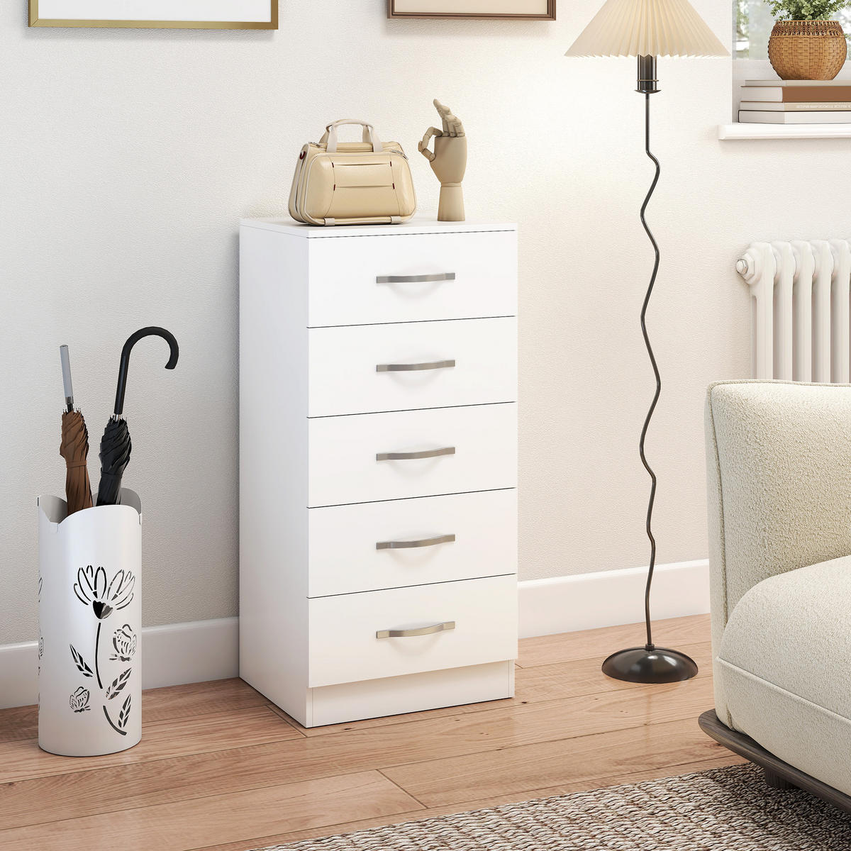 KOMMODE mit 5 Schubladen Aufbewahrungsschrank für Wohnzimmer Weiß - Silberfarben/Weiß, Holzwerkstoff (35/85/40cm) - HOMCOM
