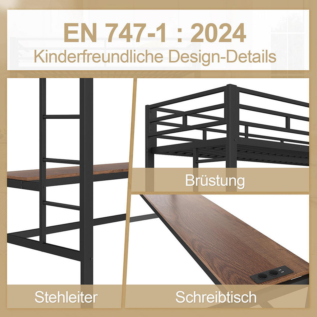 HOCHBETT 90x200cm mit mit USB und Steckdose，Schwarz - Schwarz, Metall (90/200cm) - KOMHTOM