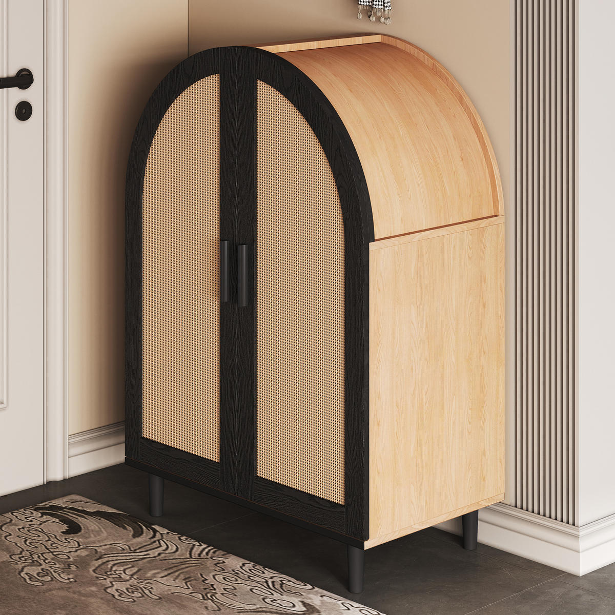 SCHUHSCHRANK für 12–15 Paar Schuhe, mit Rattantüren und Metallbeinen, 70/40/100 cm, Schwarz und Holz - Naturfarben, Holzwerkstoff (70/40/100cm) - Redom