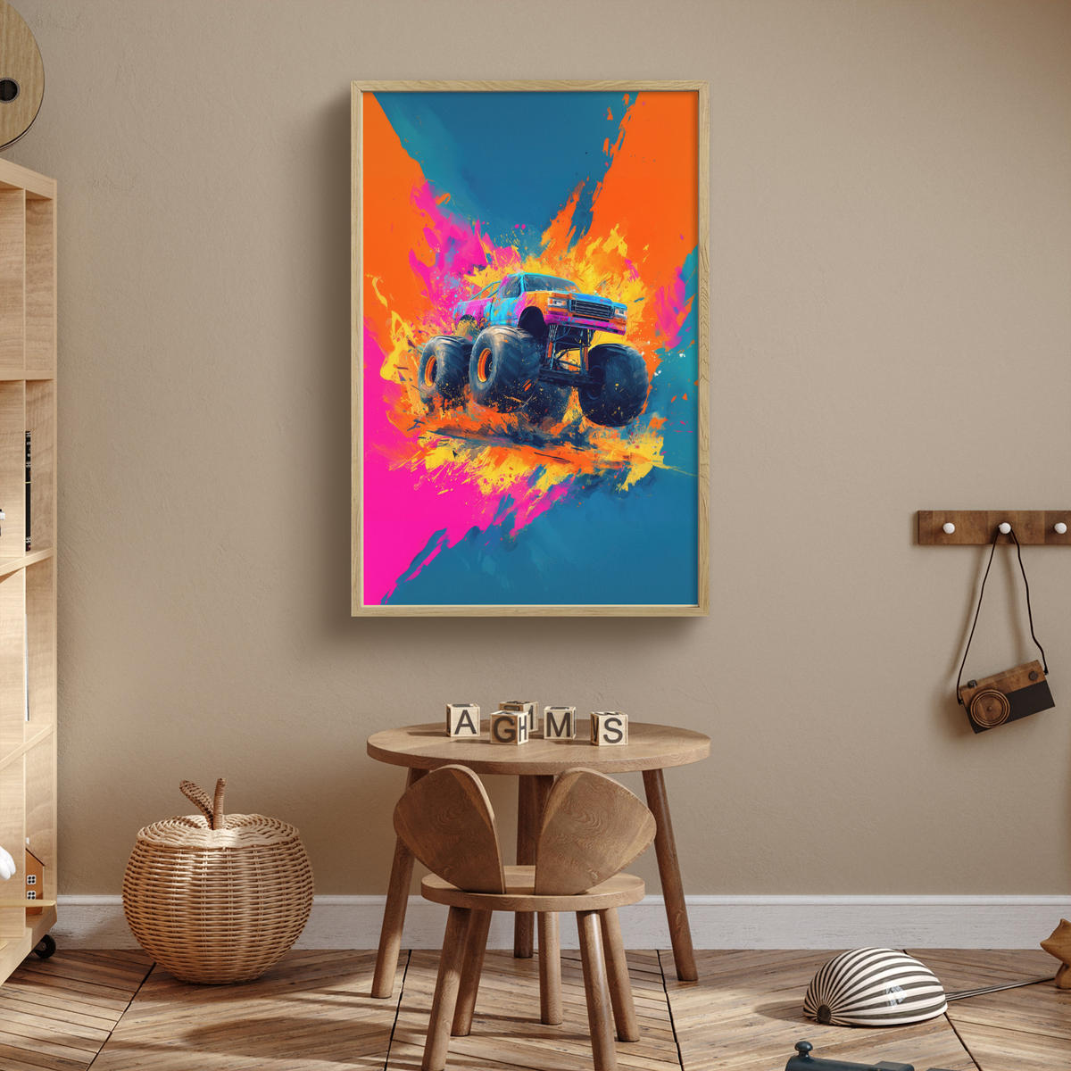 NÁSTĚNNÁ LAMPA S AKUMULÁTOREM Monster truck - Abstraktní - Stříkající barva - Barevné 70x100 cm - růžová, kompozitní dřevo (70/100/8cm) - OnlyWow
