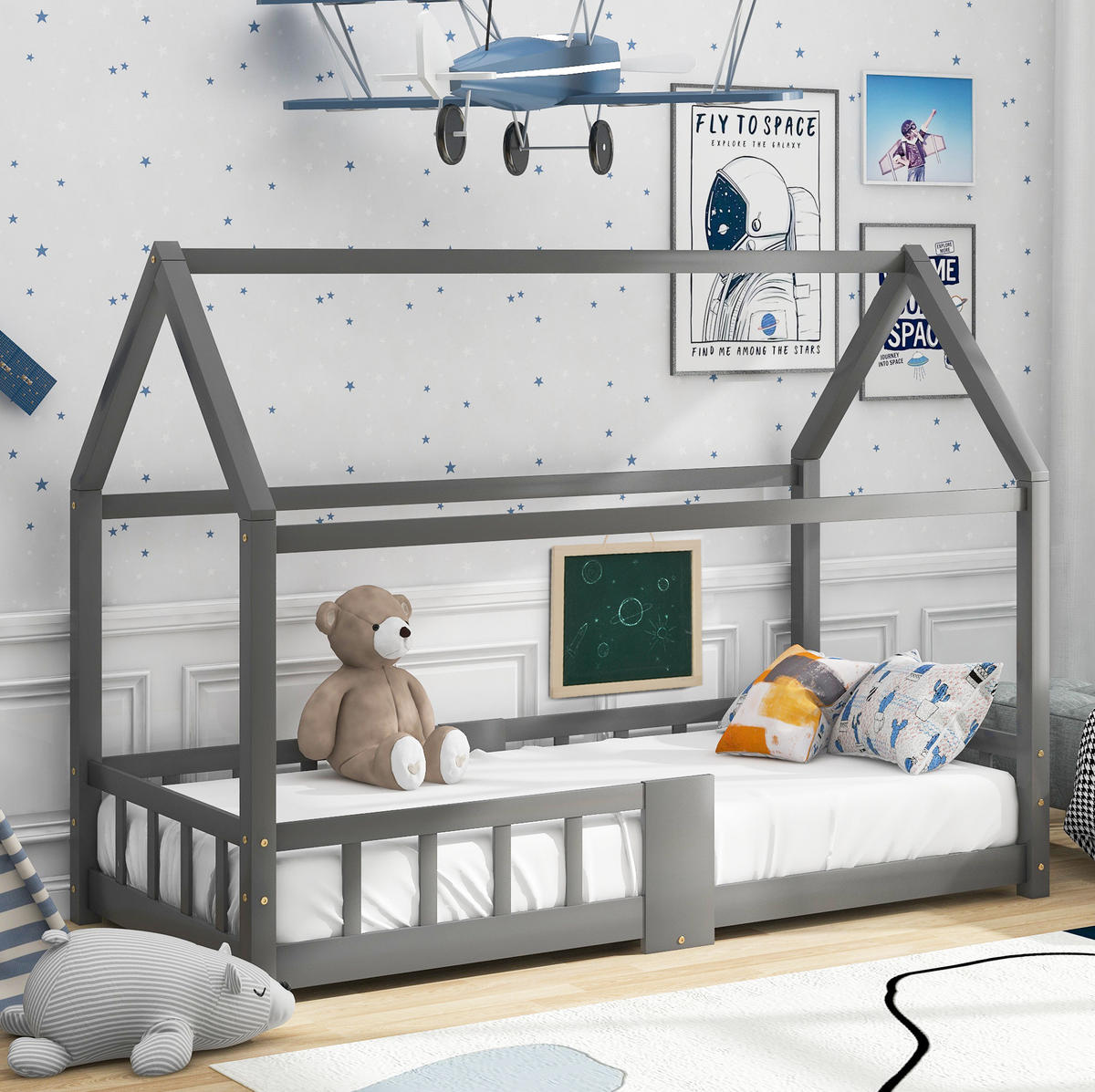 HAUSBETT 90/200 cm in Grau – Liegefläche 90/200 cm mit Tafel - Grau, Holzwerkstoff (90/200cm) - BEAOK