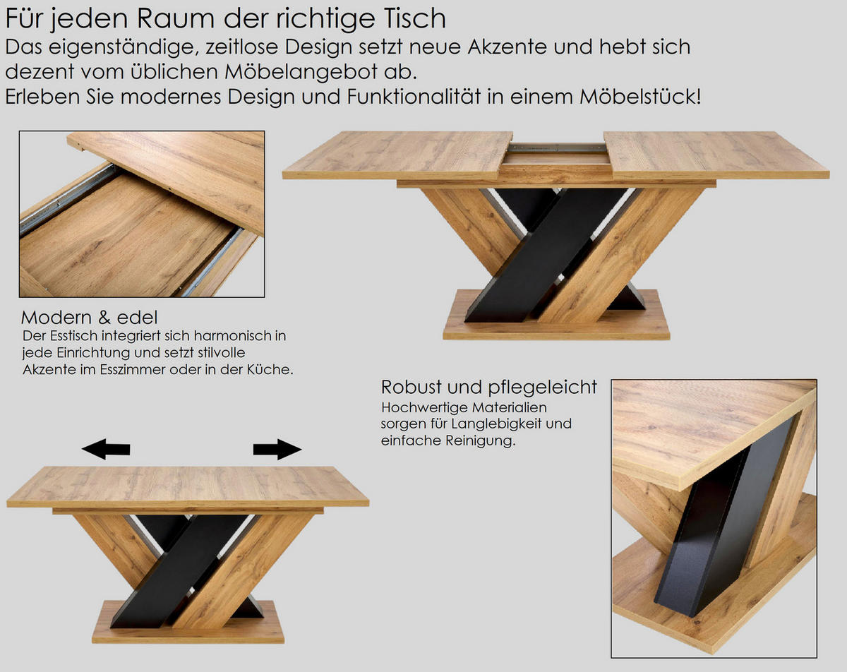 ESSTISCH rechteckig Eiche Artisan Schwarz ausziehbar - Schwarz/Eiche Artisan, Holzwerkstoff (90/160/76cm) - designimpex