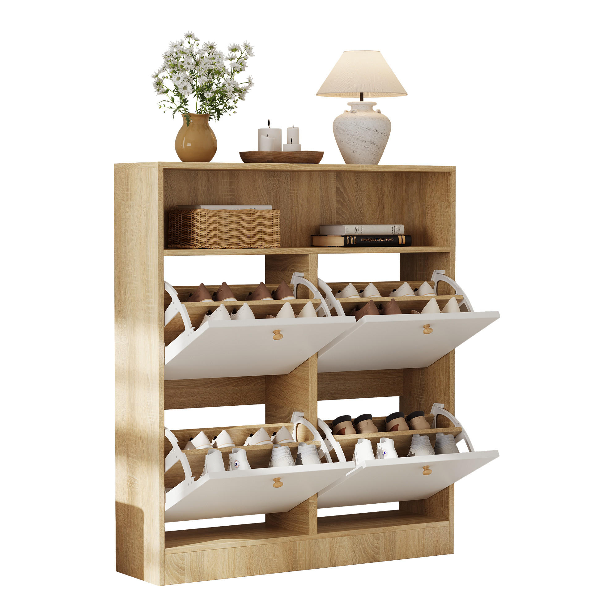 SCHUHSCHRANK aus Spanplatte 90x24x104,5cm in Natur mit 4 Klappen - Naturfarben, Holzwerkstoff (90/104.5/24cm) - Modfu