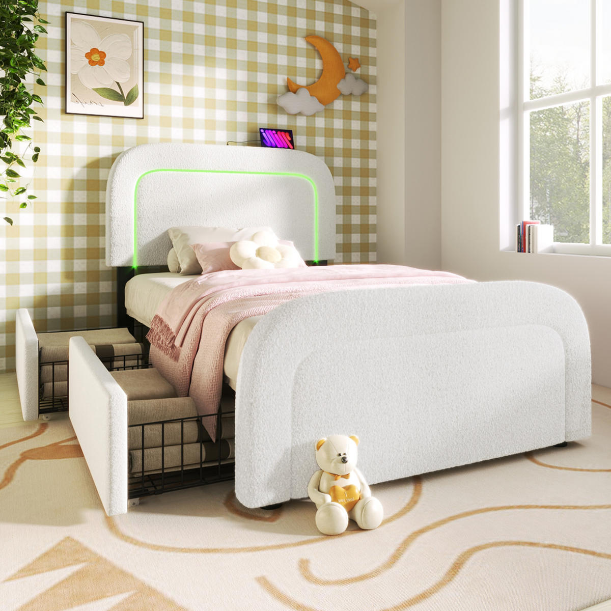 POLSTERBETT 90×200 cm aus Sherpa-Stoff mit LED-Beleuchtung, USB-C-Anschluss und Matratze, weiß - Weiß, Textil (90/200cm)
