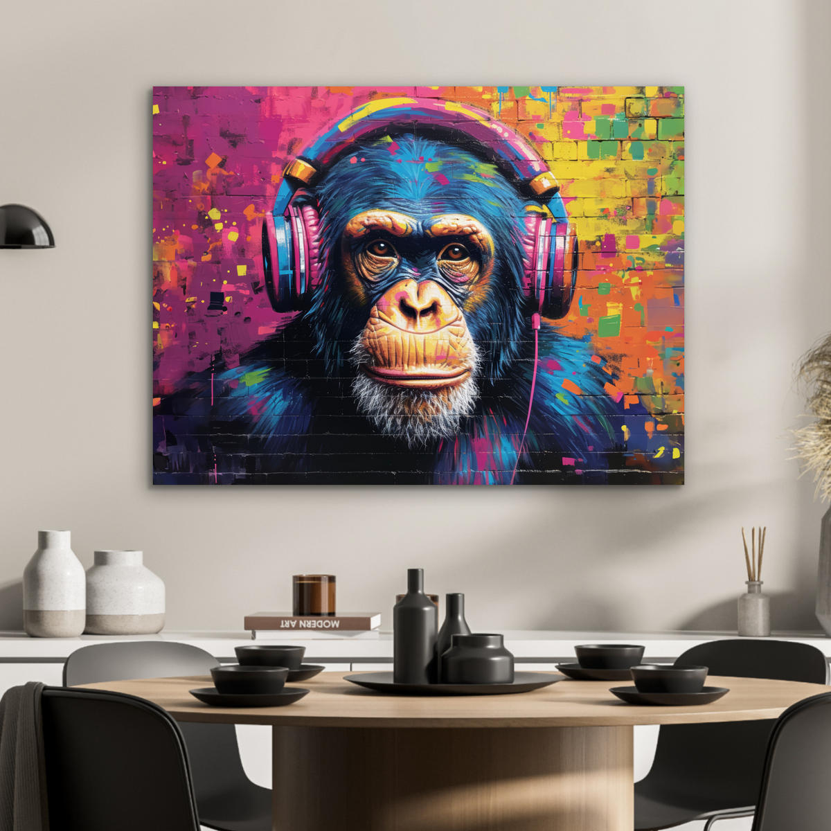 KOVOVÝ OBRAZ Graffiti - Šimpanz - Street art - Slúchadlá - Opica 80x60 cm - modrá, kov (80/60cm) - MuchoWow