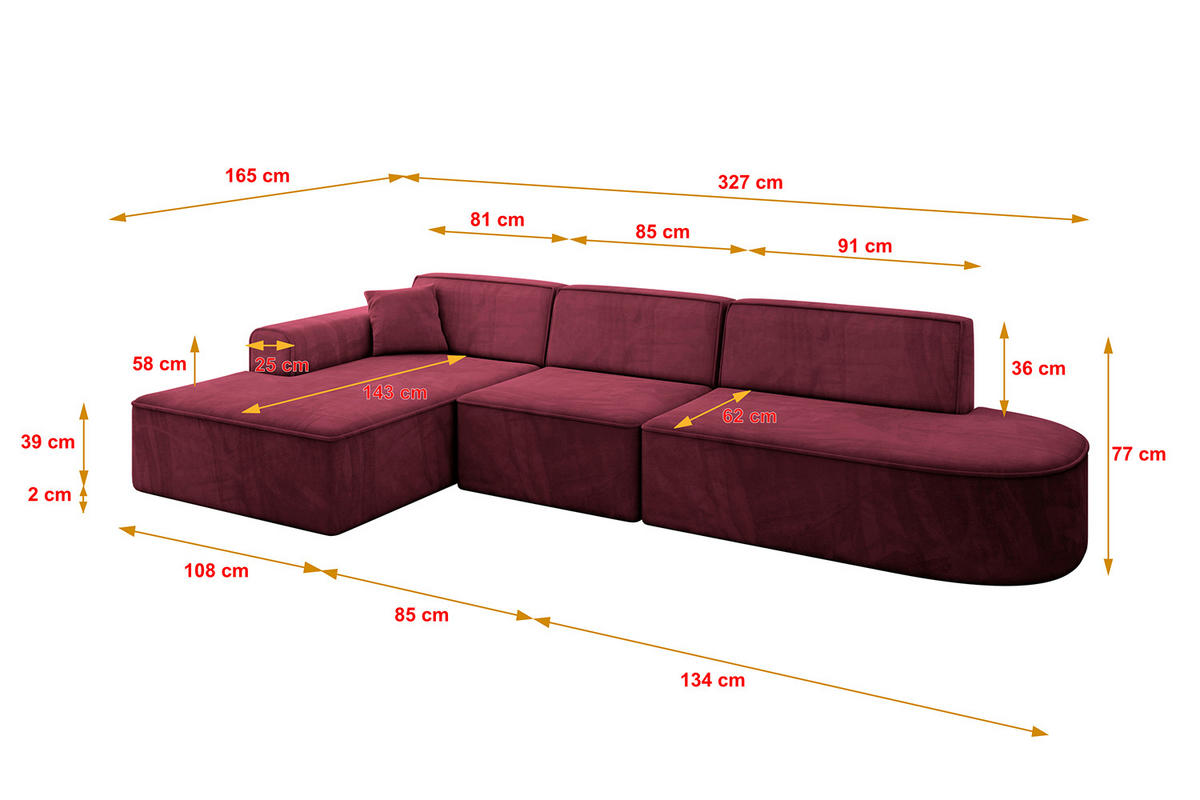 ECKSOFA Ottomane Links IREA-L2-v3 - 327x165x77 cm Bordeauxrot - Bordeaux, Holzwerkstoff/Textil (327/165cm) - ALTDECOR