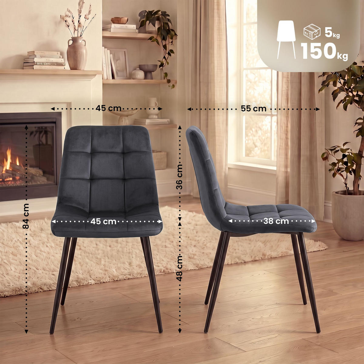 STUHL 4 Samt Dunkelgrau - Dunkelgrau/Schwarz, Textil/Metall (45/84/55cm) - CLP
