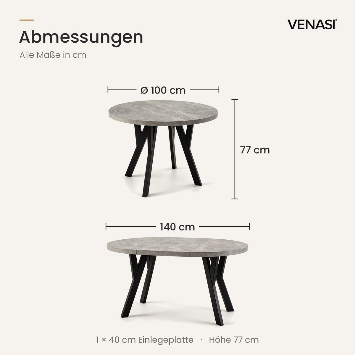 ESSTISCH ausziehbar rund 100-140 cm ATO Beton, Auszugstisch mit Einlegeplatte - Schwarz/Grau, Holzwerkstoff (100/100/77cm) - VENASI MÖBEL