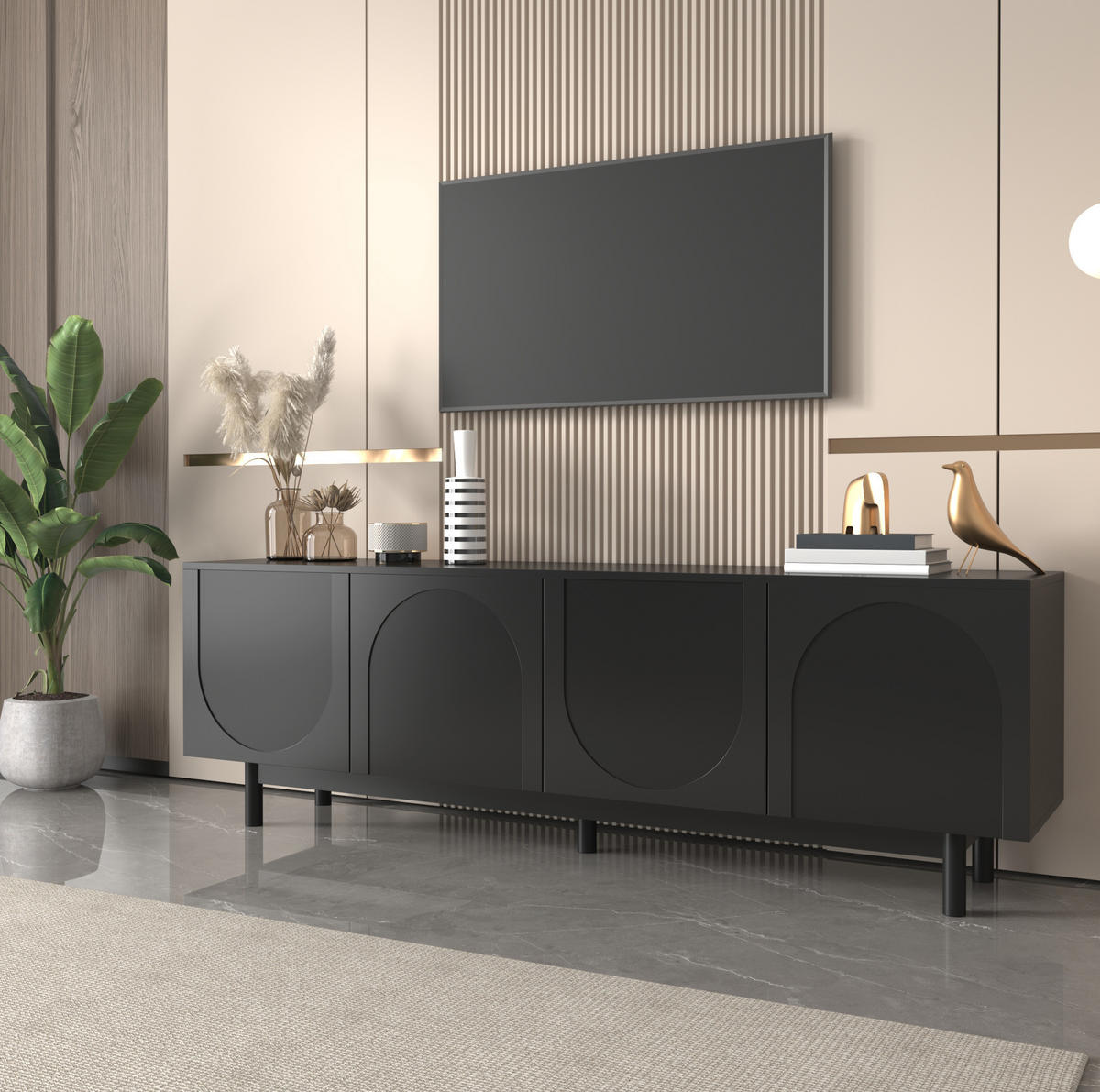 TV-SCHRANK in Schwarz mit 4 Push-to-Open Türen 175/38/56 cm - Schwarz, Holzwerkstoff (175/56/38cm) - Redom