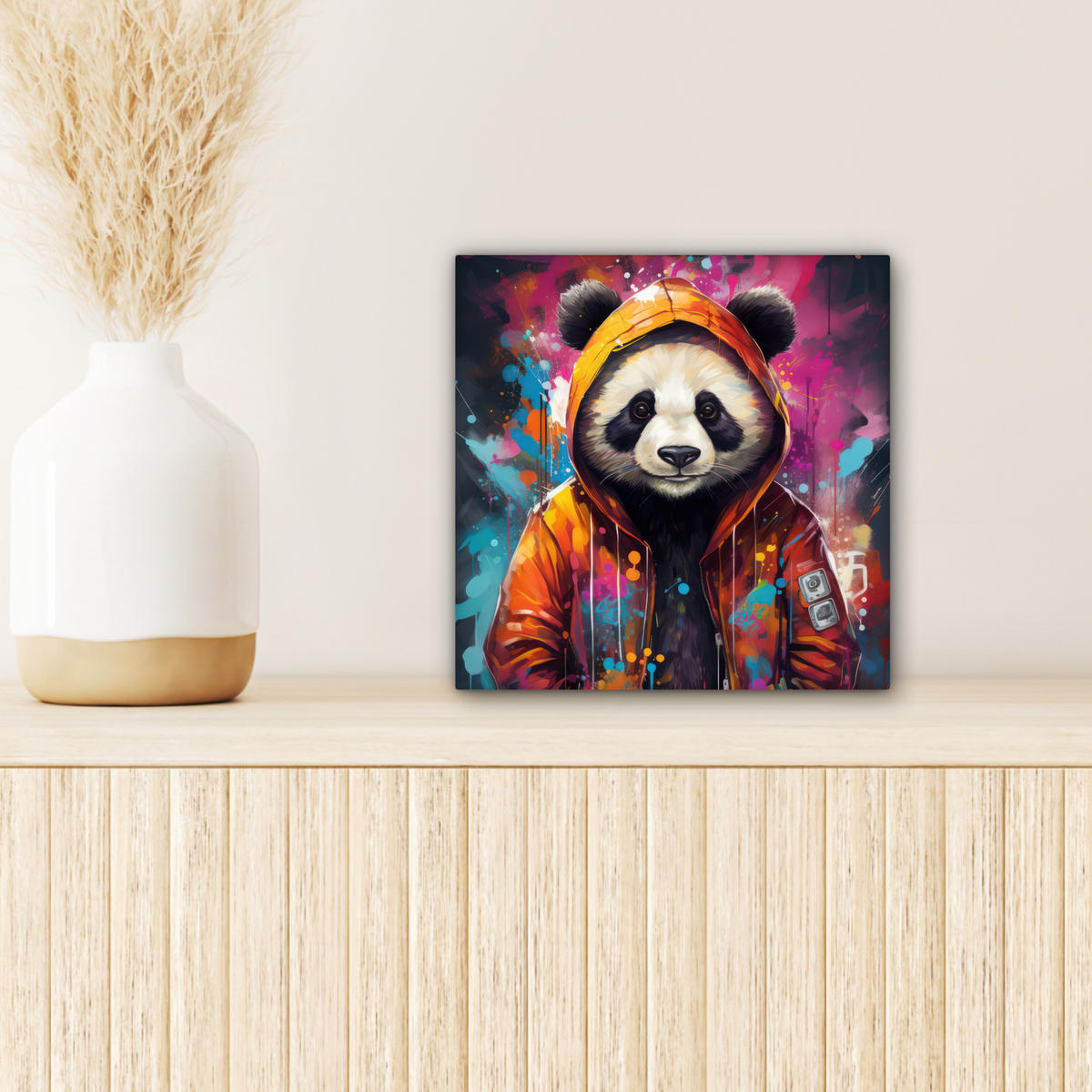 LEINWANDBILD Panda - Jacke - Graffiti - Orange Deko Wohnzimmer 20x20 cm - Orange, Textil (20/20cm) - MuchoWow