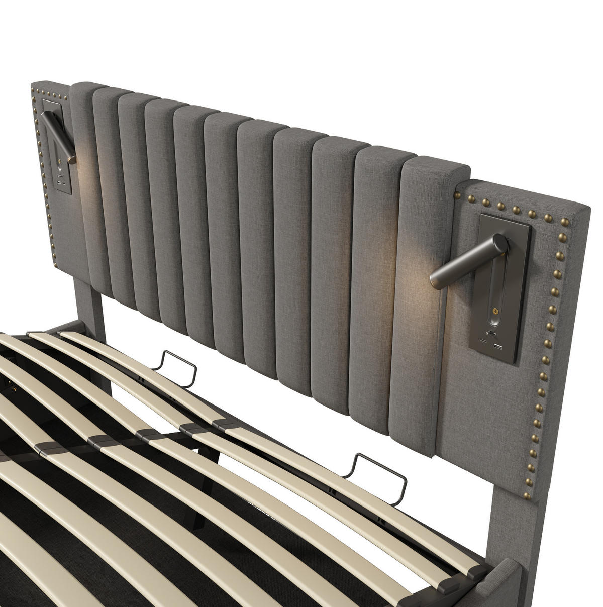 POLSTERBETT 160/200 cm grau aus Baumwolle mit Stauraum und USB - Grau, Holzwerkstoff (160/200cm) - OKWISH