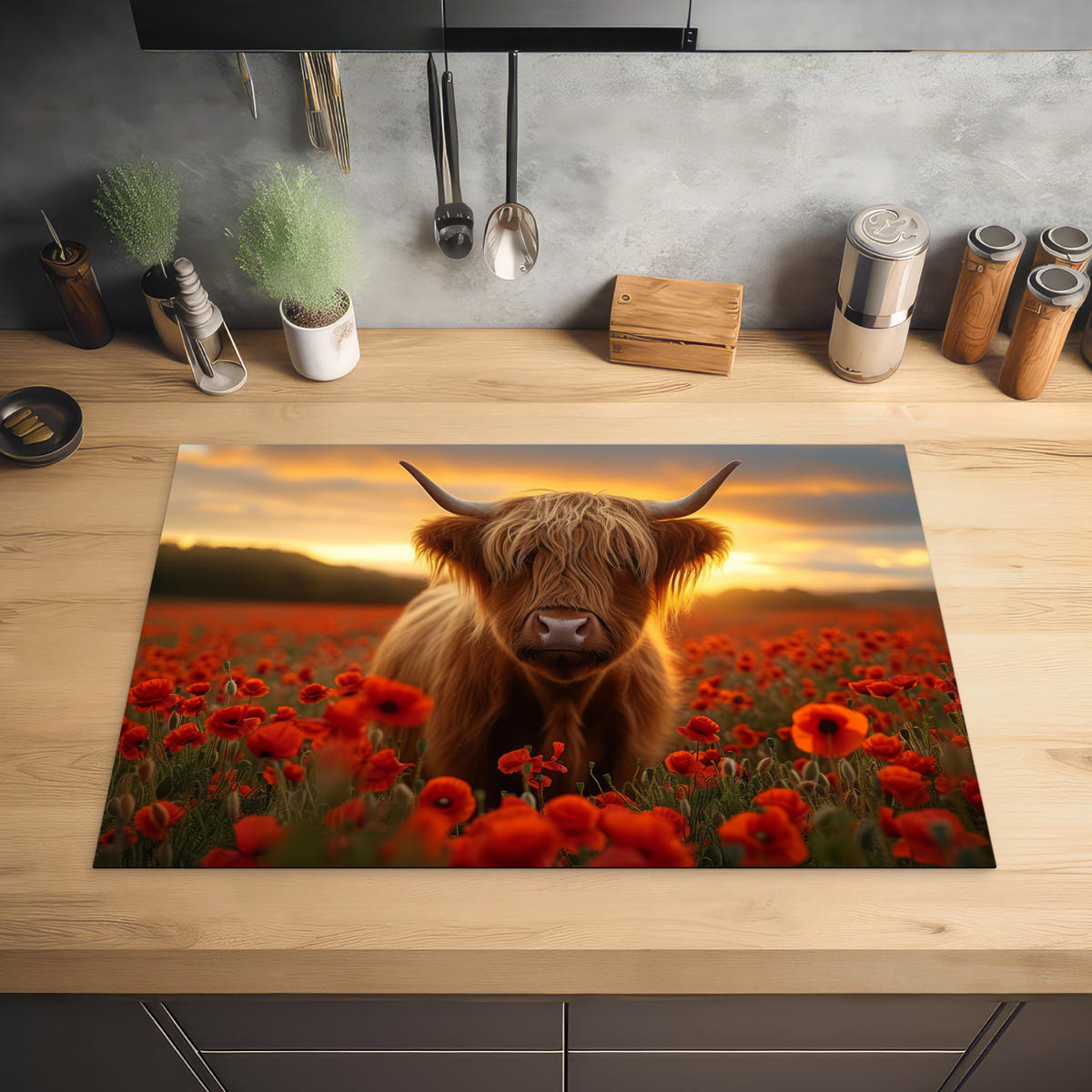 HERDABDECKPLATTE Schottische Highlander - Rosen - Blumenfeld - Sonnenuntergang Ceranfeldabdeckung 76x51.5 cm - Rotbraun, Kunststoff (76/51.5/0.2cm) - MuchoWow