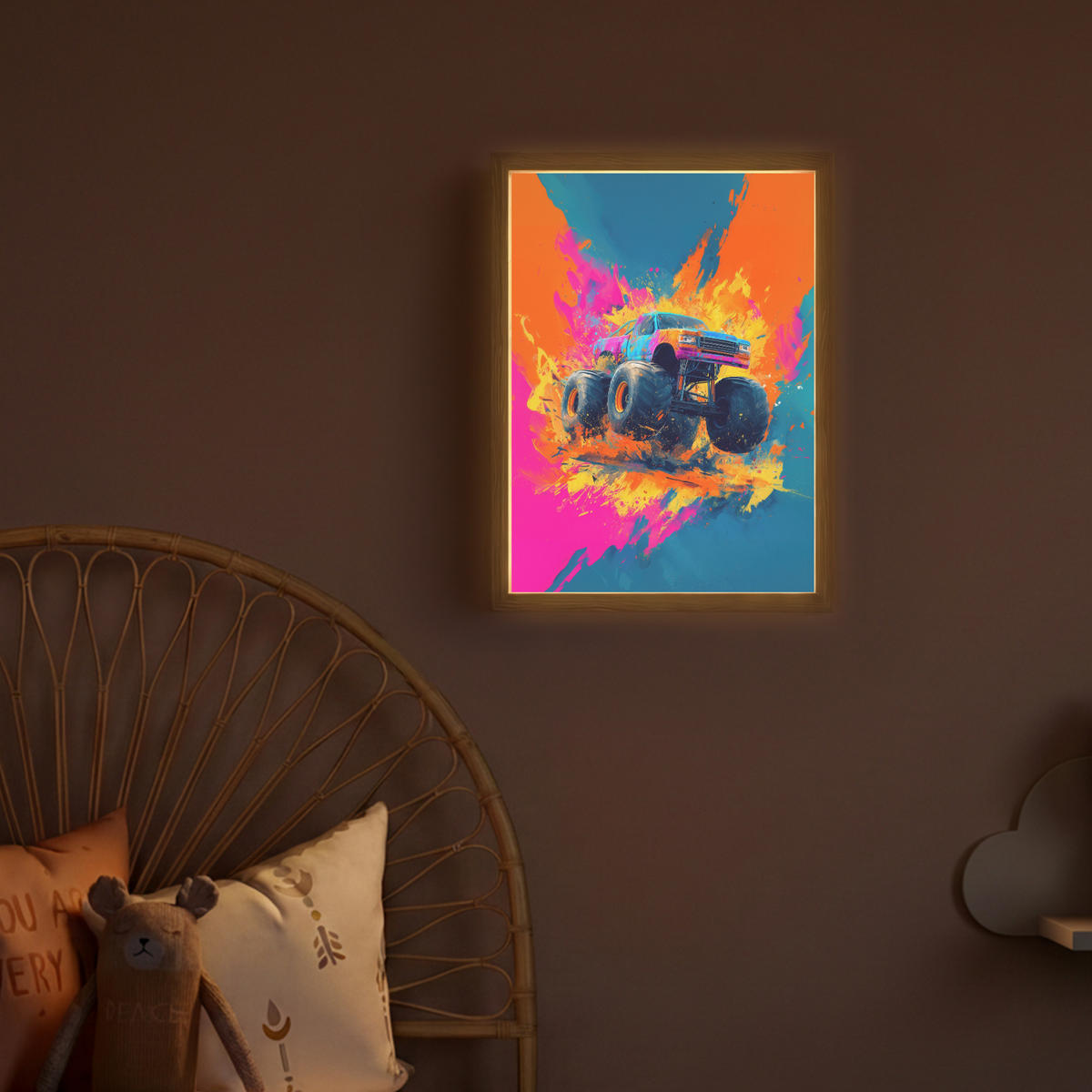 DOBÍJECÍ NOČNÍ LAMPIČKA Monster truck - Abstraktní - Stříkající barva - Barevné 30x40 cm - růžová, kompozitní dřevo (8/30/40cm) - OnlyWow