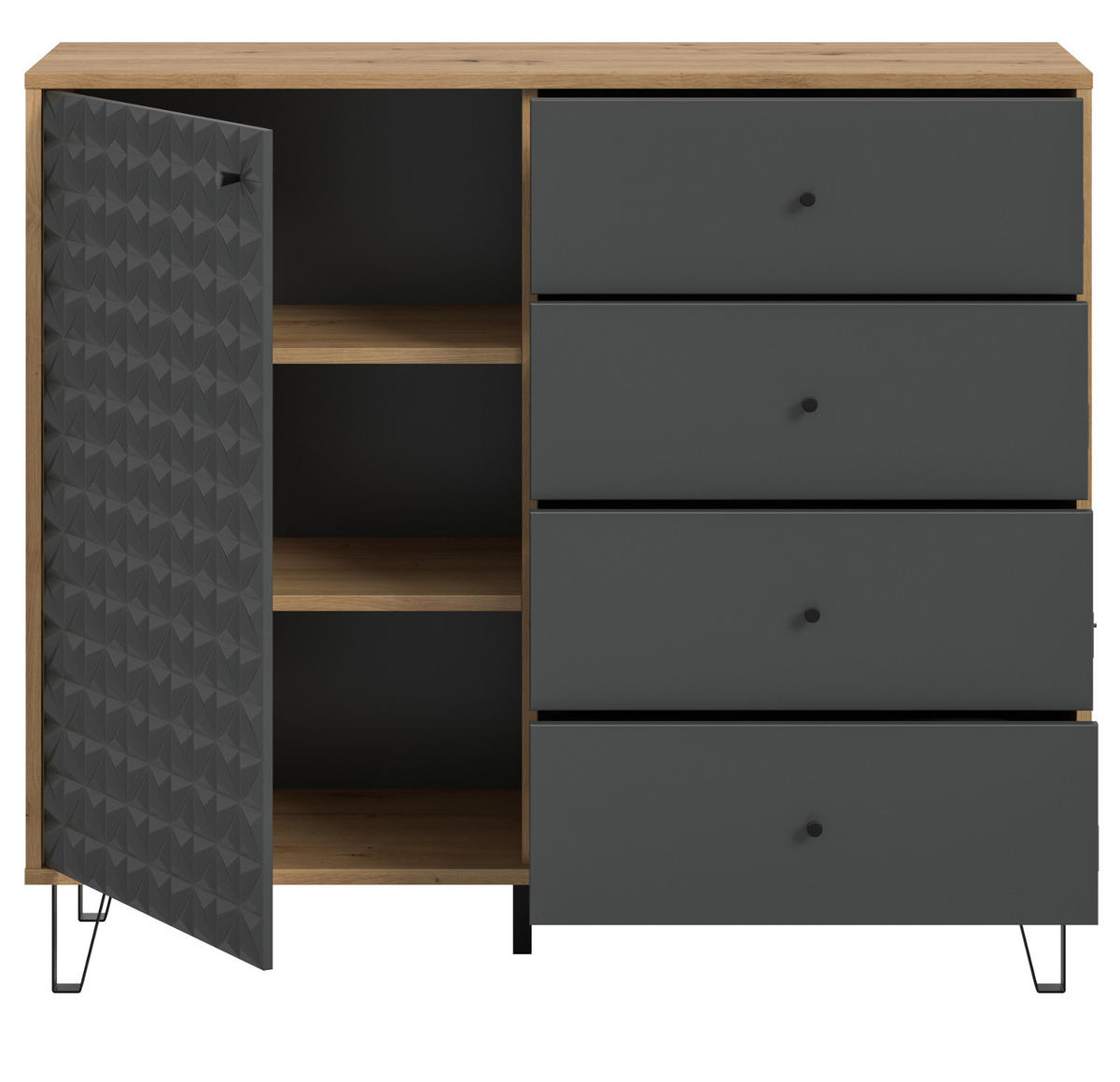 KOMMODE grau, Eiche Artisan 110 x 96 cm, Sideboard mit 3D-Struktur - Schwarz/Eiche Artisan, Holzwerkstoff/Kunststoff (110/96/40cm) - Inn.Furn
