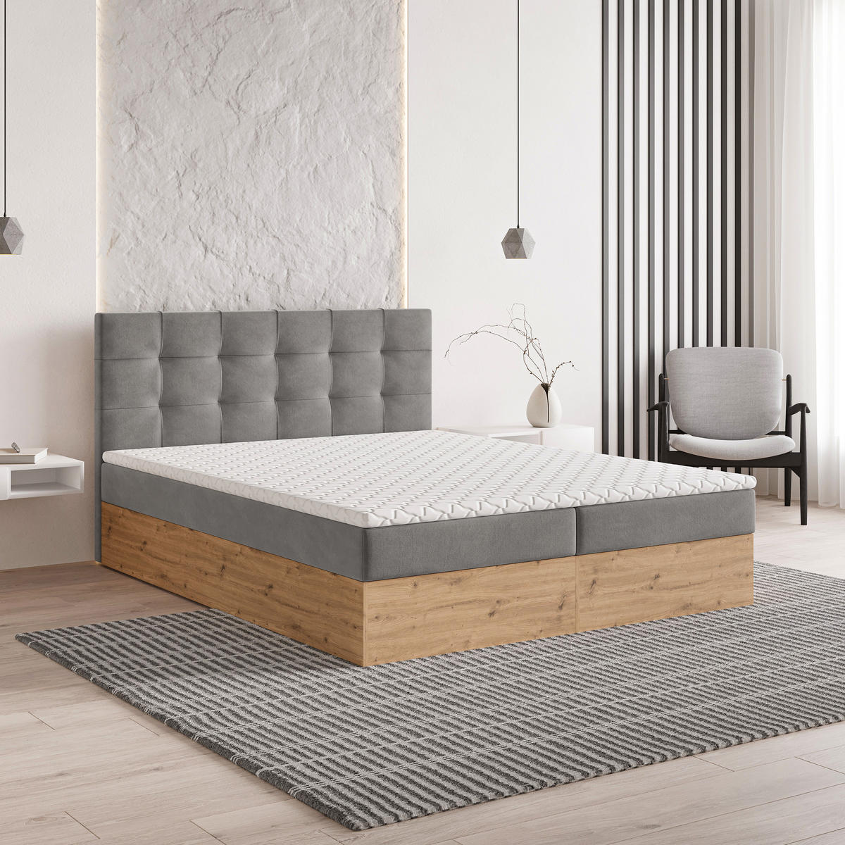 BOXBETT MOLVEN 180x200 cm mit Matratze und Topper - Grau - Grau, Holz (180/200cm) - MASSENO