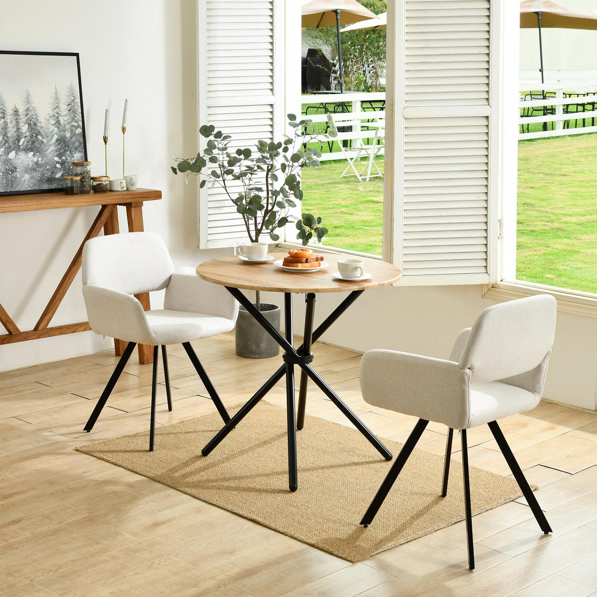 ESSZIMMER SET – 1 Tisch + 2 Stühle – Holzoptik & Beige Stoff - Beige, Holzwerkstoff/Metall (80/75/80cm) - Urban Meuble