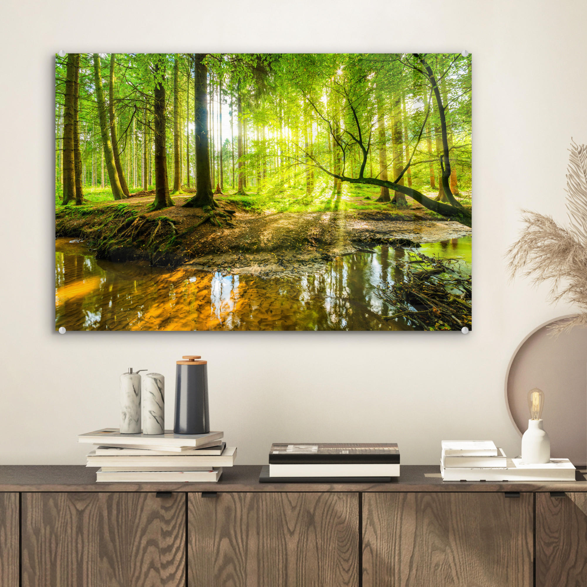 ACRYLGLASBILD Wald - Landschaft - Wasser - Bäume - Sonne - Grün - Natur 60x40 cm - Grün, Glas (60/40cm) - MuchoWow