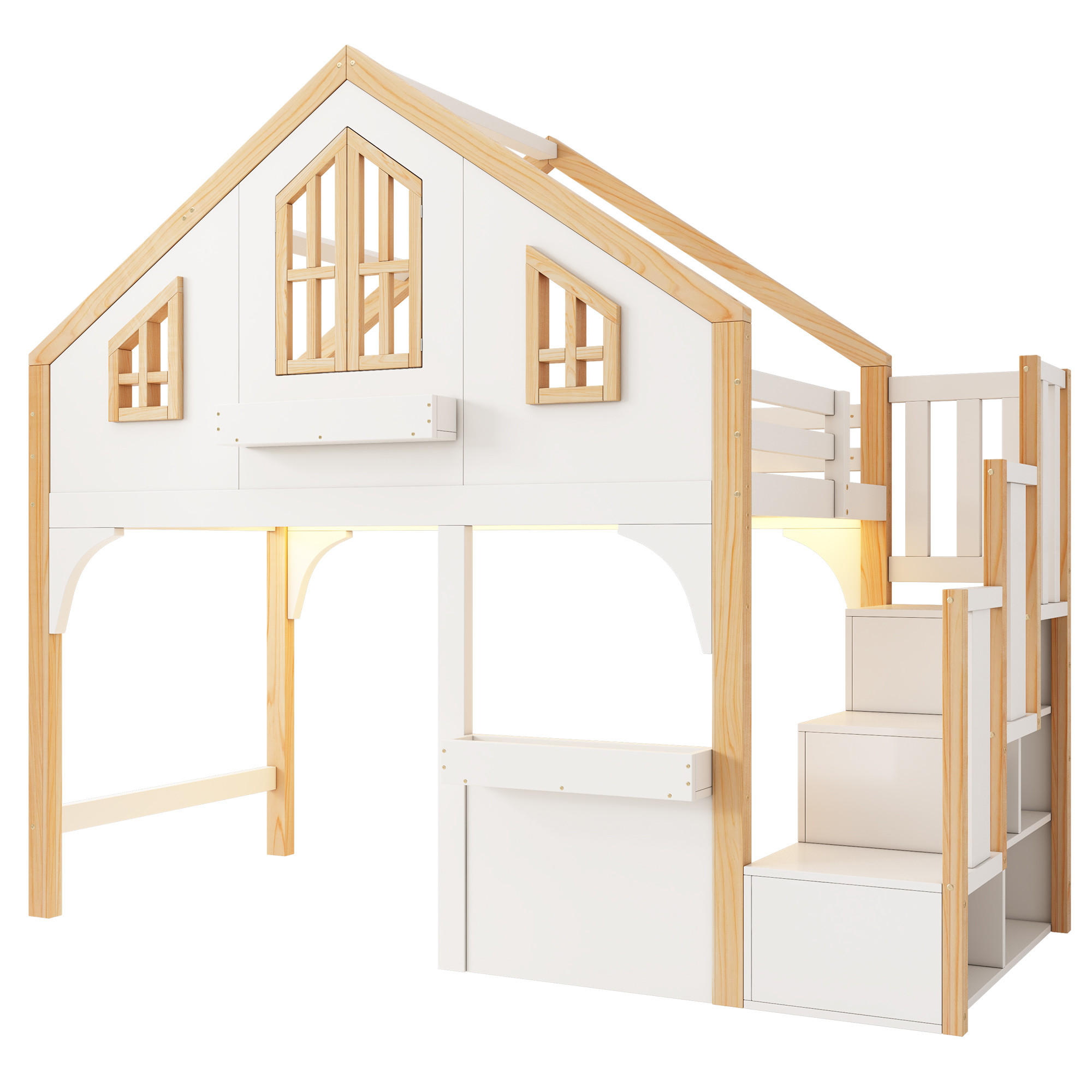 ETAGENBETT Haus 90x200 Weiß+Natur mit LED und Stauraumtreppe - Weiß, Holz (90/200cm) - ComfortXL