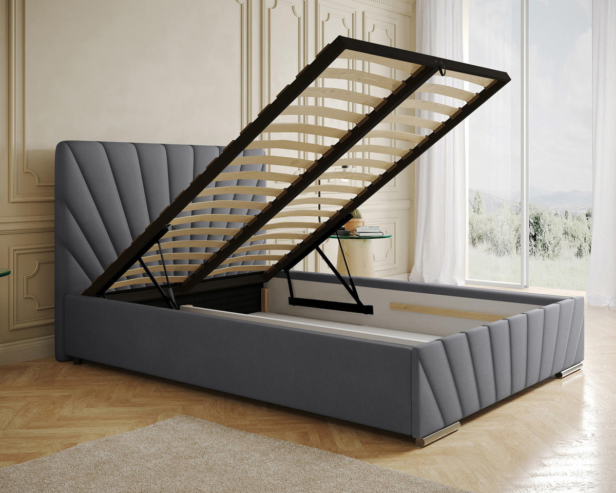 POLSTERBETT Ray 140 x 200 cm mit Bettkasten und Lattenrost Taschenfederkernmatratze mit Kokos 20cm- grau - Dunkelgrau, Holz (140/200cm) - Homesy
