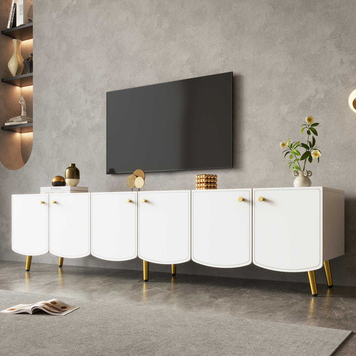 TV-LOWBOARD 180cm 6 Türen Gold Beine Weiß Modern - Multicolor, Holzwerkstoff (180/45/40cm) - FLIEKS