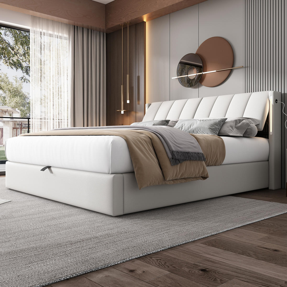 BETT mit Stauraum 140x200 cm PU Weiß mit LED - Weiß, Metall (140/200cm) - Meubliv