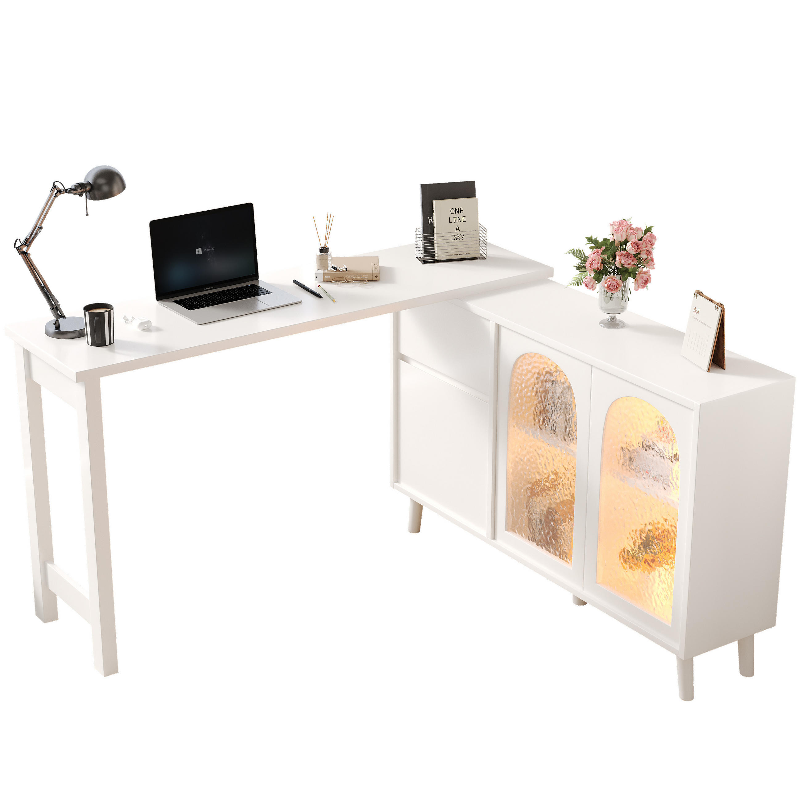 BÜROTISCH Weißer mit Stauraum und Vitrine - Weiß, Glas/Holzwerkstoff (40/120/70cm) - Urban Meuble