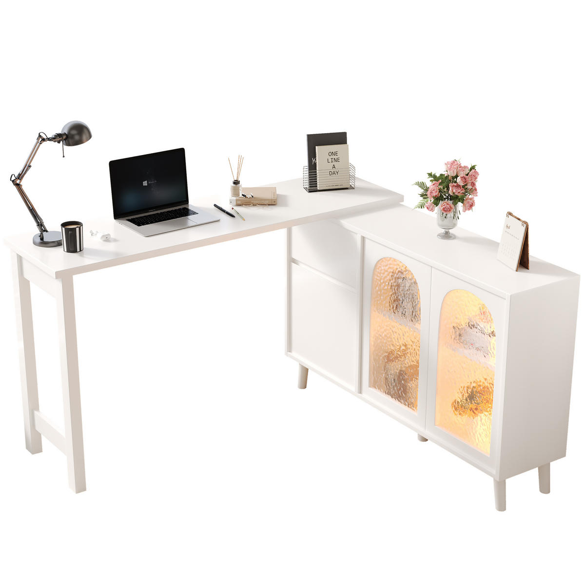 BÜROTISCH Weißer mit Stauraum und Vitrine - Weiß, Glas/Holzwerkstoff (40/120/70cm) - Urban Meuble