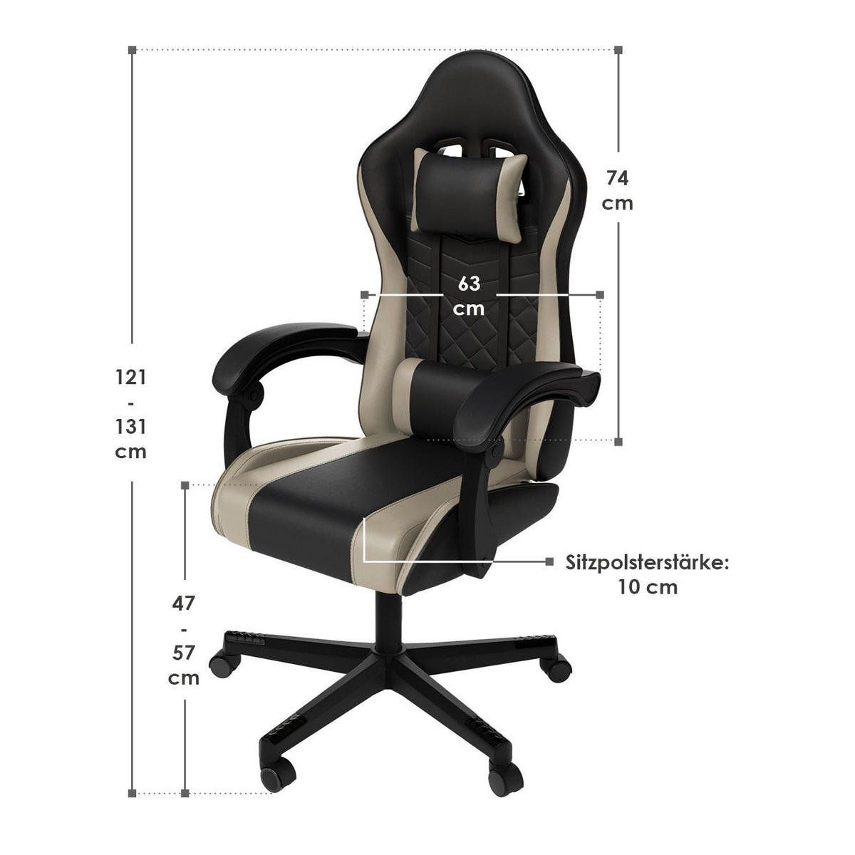 GAMINGSTUHL HyperSeat schwarz/beige - Beige/Schwarz, Kunststoff (63/131/121cm) - Juskys