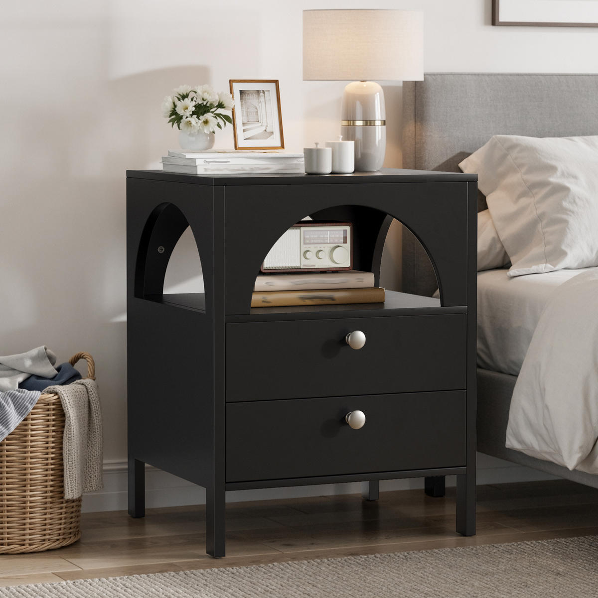 NACHTTISCH 45/40/58 cm schwarz aus MDF mit 2 Schubladen - Schwarz, Holzwerkstoff (40/58/45cm) - OKWISH