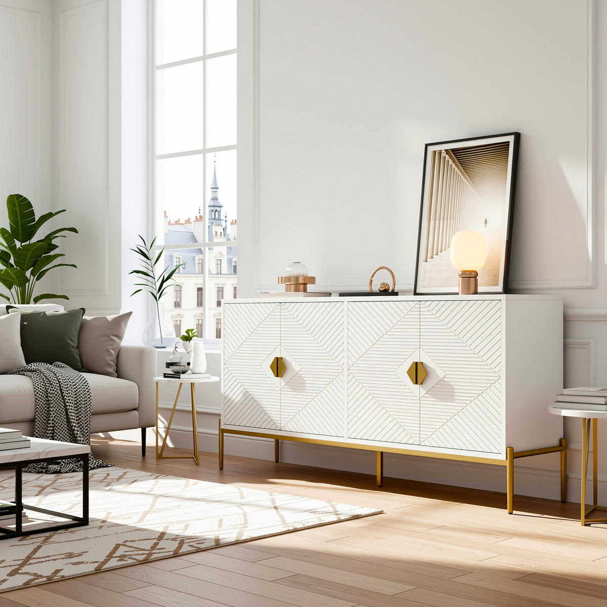 SIDEBOARD Weiß mit Goldbeinen & 4 Türen Geometrisches Design 162×80 cm - Weiß, Holzwerkstoff (162/80/40cm) - Urban Meuble