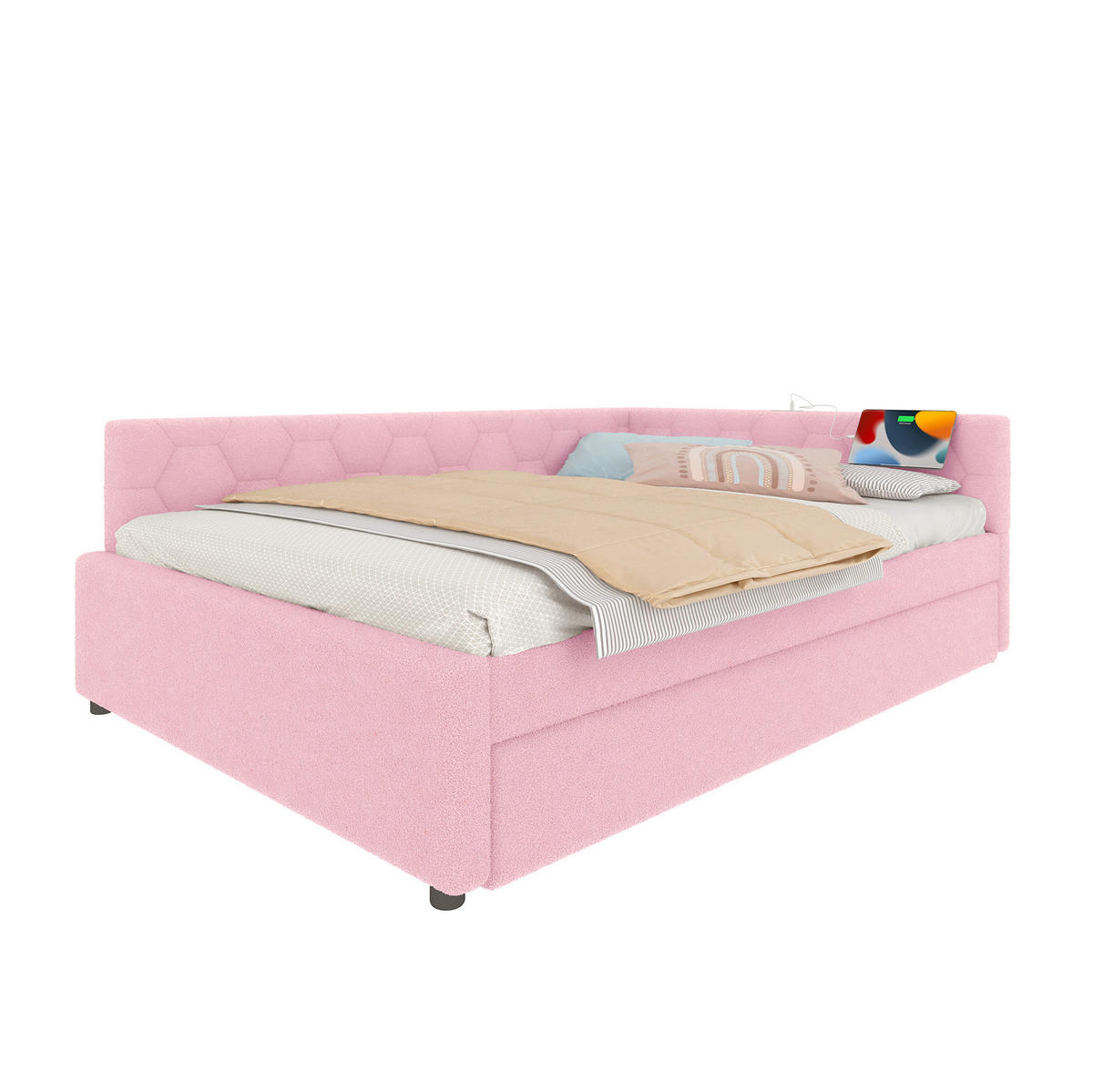 BETT 140/200 cm Rosa mit Ausziehbett und USB- und Type-C-Anschlüssen - Rosa, Textil (140/200cm) - Flora Grace