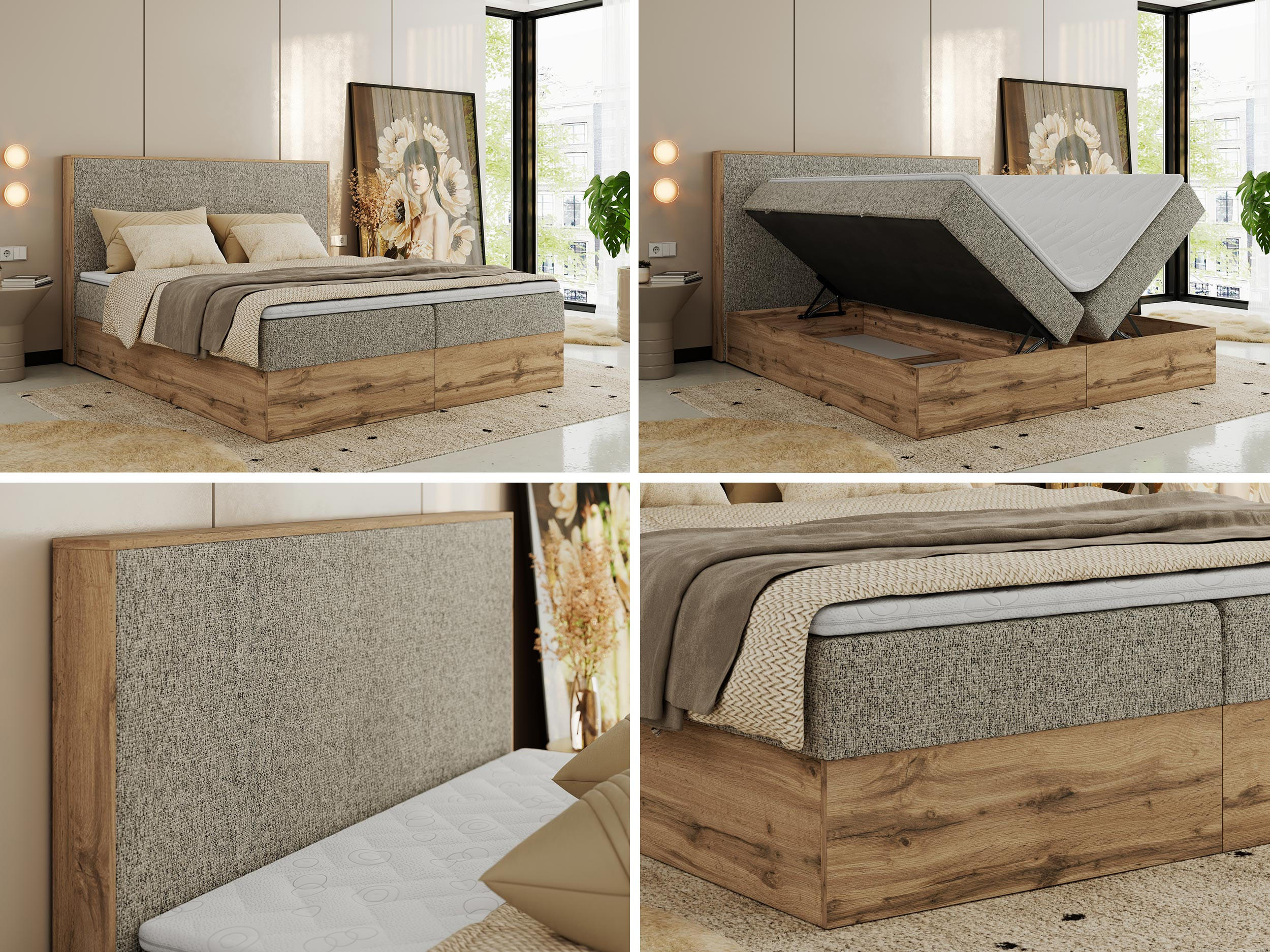 Thumbnail - MKS Boxbett, Cappuccino, Textil, 2-Sitzer, H3, Rechteckig, 160x200 cm, Oeko-Tex®, Schlafzimmer, Betten, Boxspringbetten