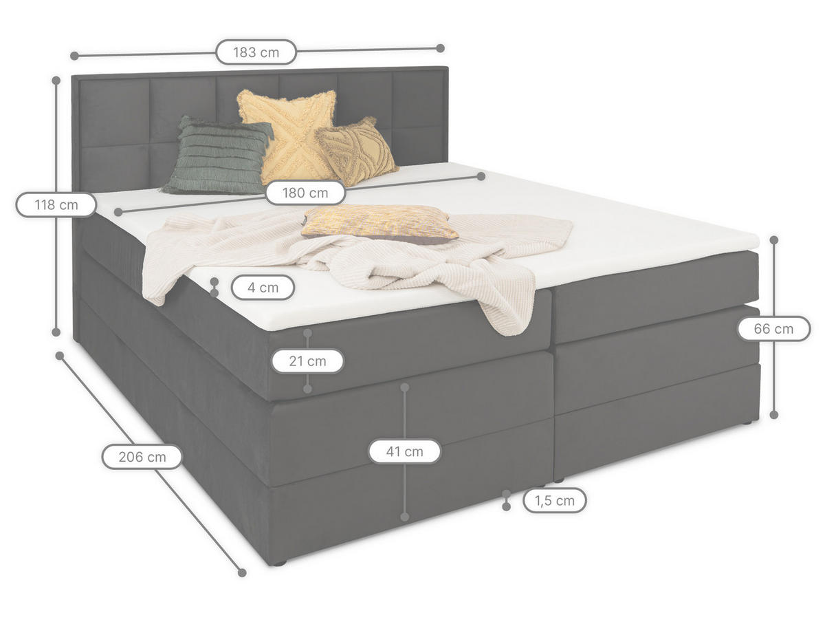 BOXSPRINGBETT Montreal Anthrazit 180/200 cm H2/H3 Samt - Anthrazit, Textil (180/200cm) - wonello