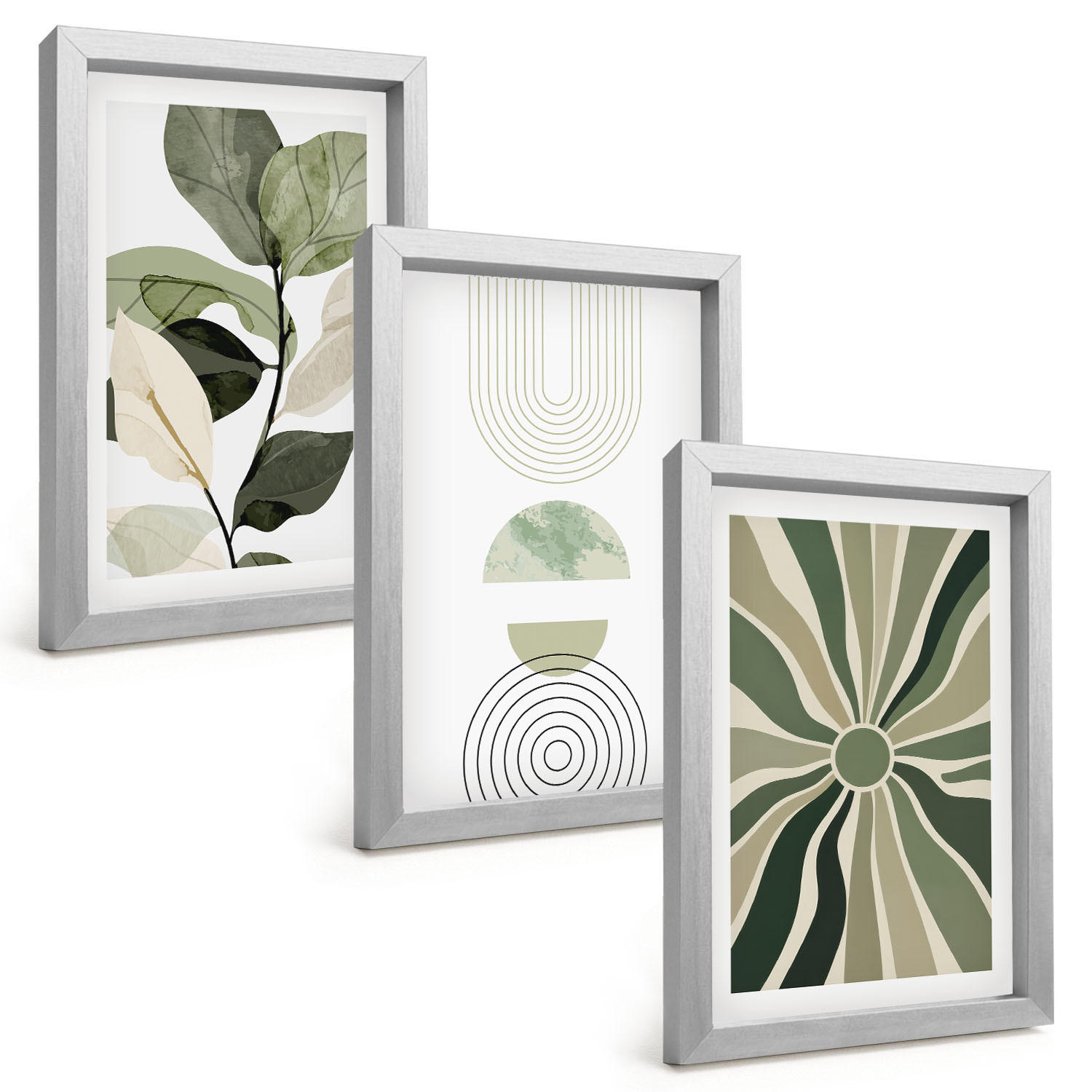 BILDER SET 3er Set - 20x30 cm Silberner Rahmen - Pflanzenmotive, Geometrie, Grün - Silberfarben, Kunststoff (20/30cm) - TULUP