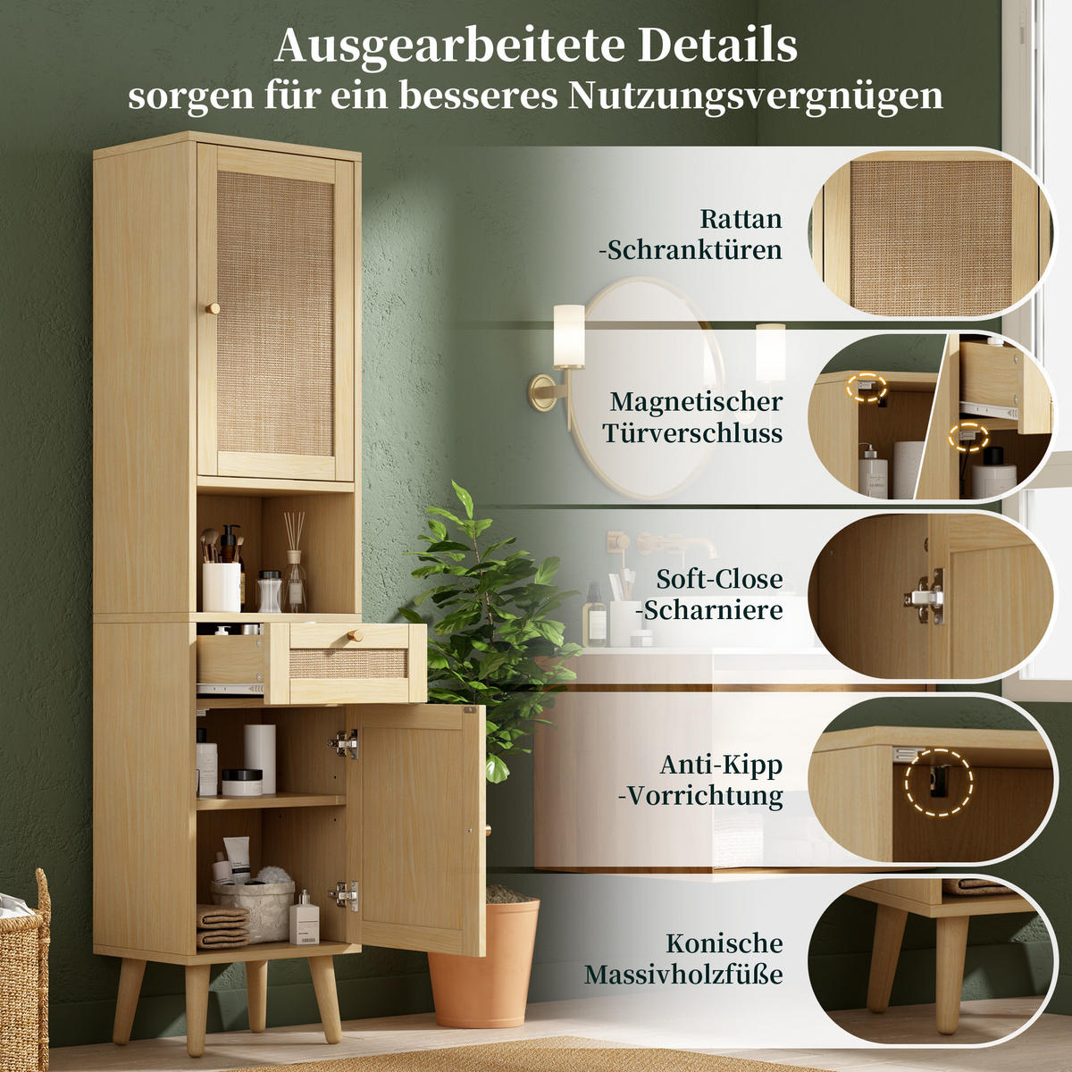 HOCHSCHRANK 40/30/166 cm Naturholz mit 1 Schubladen - Goldfarben/Naturfarben, Holz/Holzwerkstoff (30/166/40cm) - Oxeza
