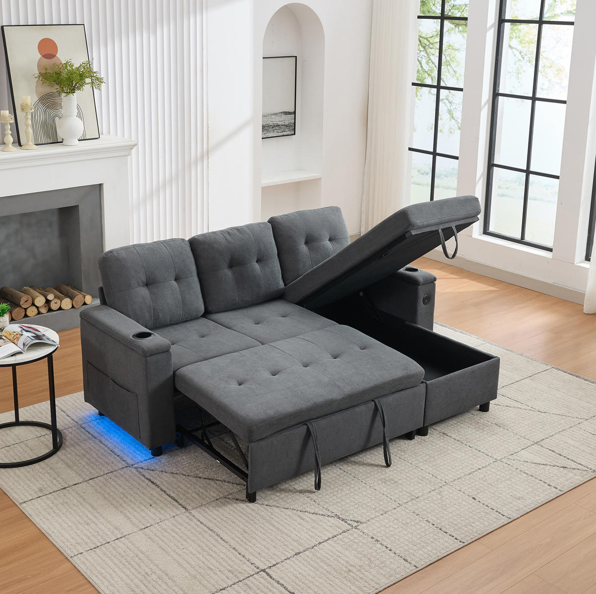 SCHLAFSOFA, Stoff mit Stauraum & LED-Lichtleiste, 208/146/89,5 cm, Grau - Grau, Textil (146/89.5/208cm) - Redom