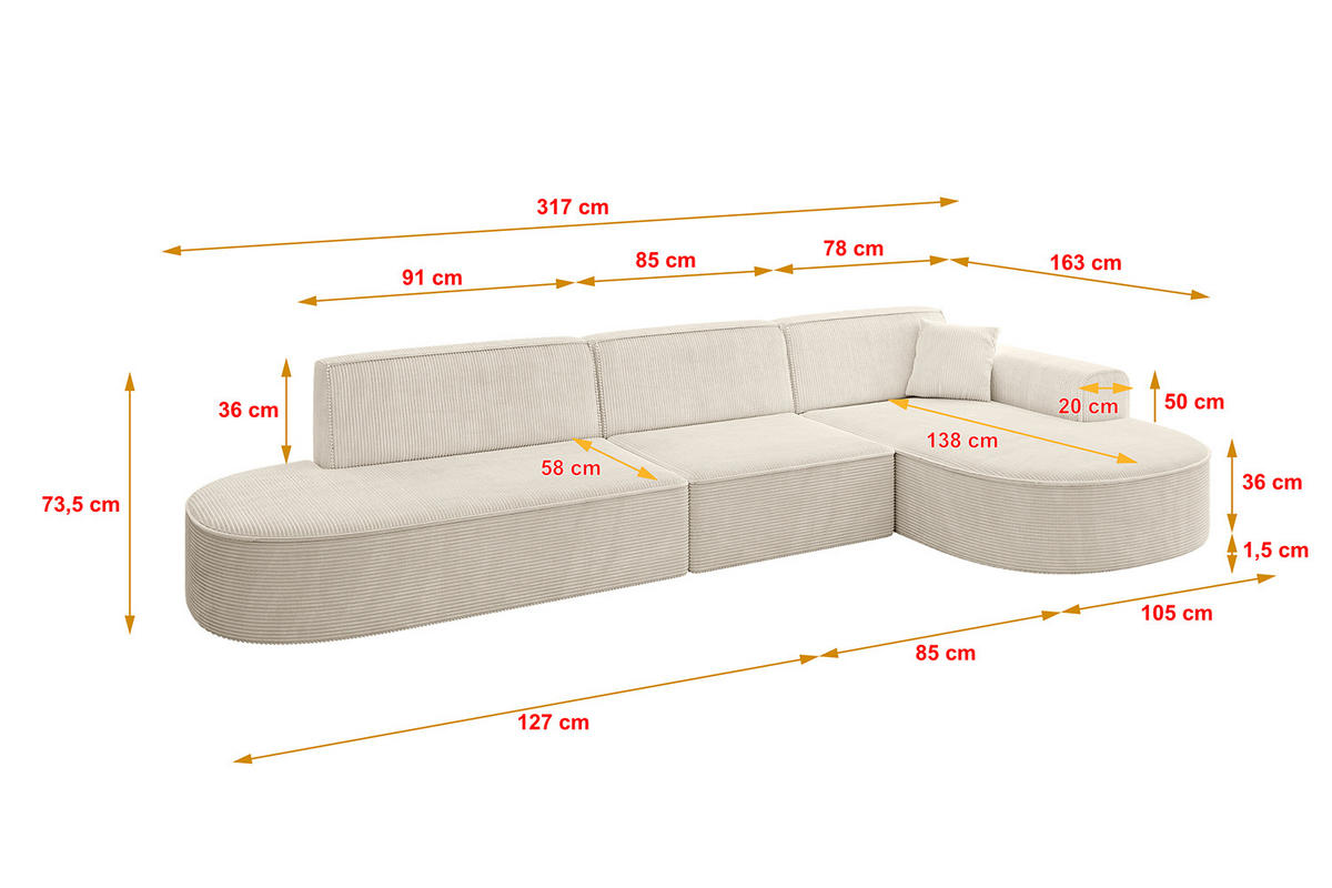 ECKSOFA Ottomane Rechts MARI-L2 - 317x163x73,5 cm Beige Cord - Beige/Schwarz, Holzwerkstoff/Kunststoff (317/163cm) - ALTDECOR