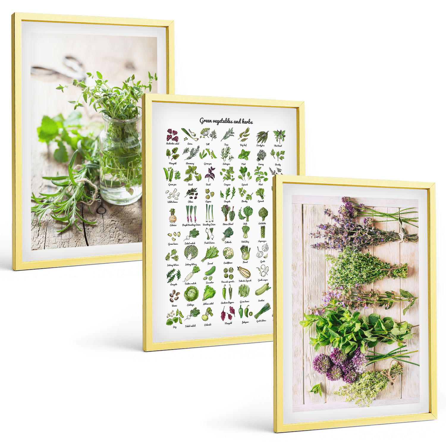 BILDER SET 3er Set - 40x60 cm Goldrahmen - Getrocknete Kräuter für die Küche - Goldfarben, Kunststoff (40/60cm) - TULUP