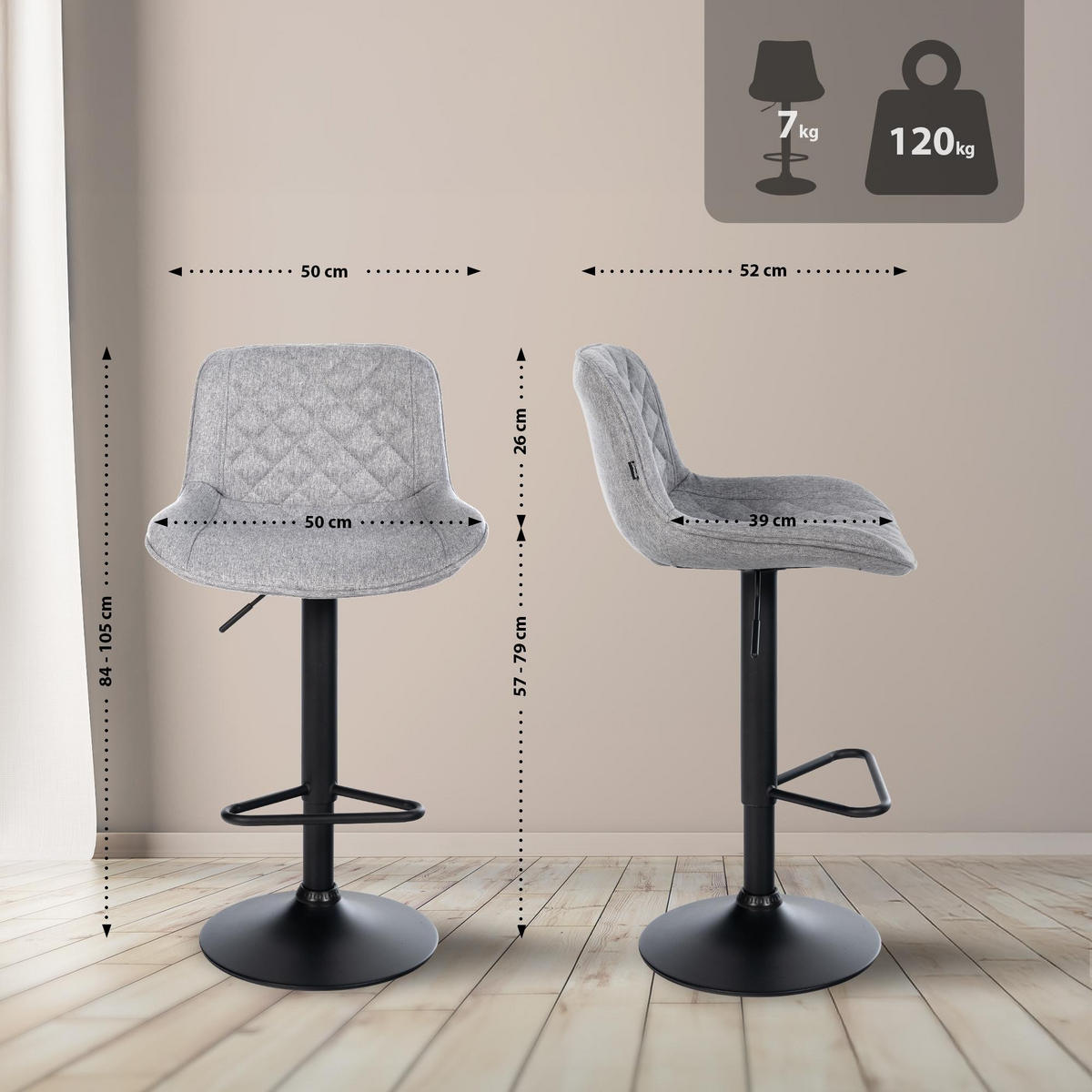 BARHOCKER Kasson 84x50x52 cm grau - Grau, Metall (50/84/52cm) - furnicato