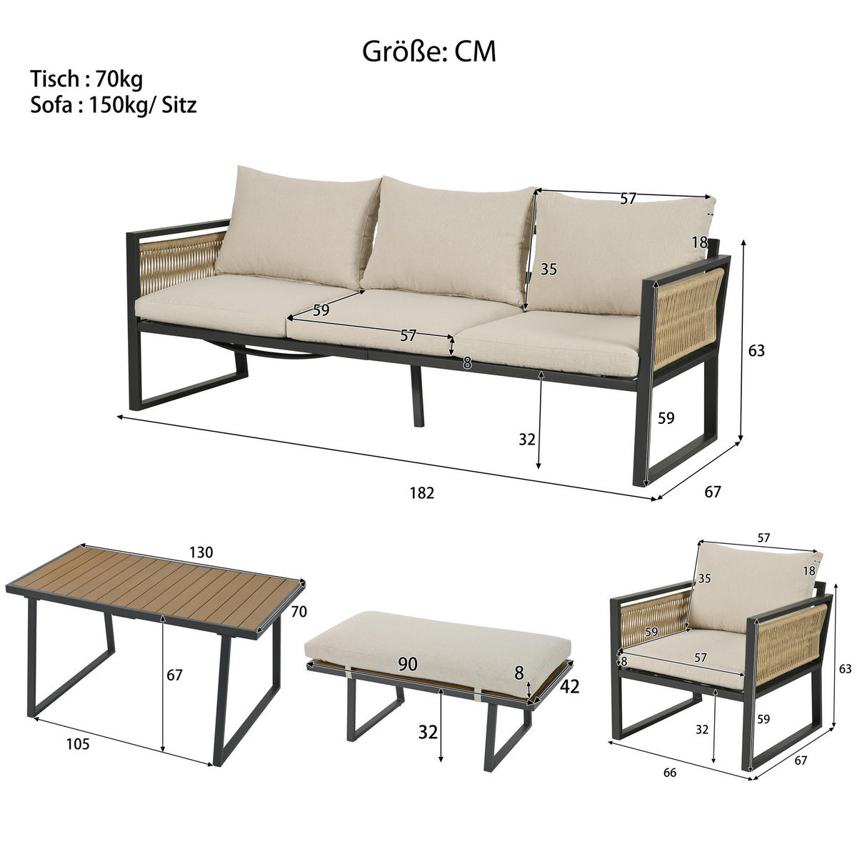 GARTENMÖBEL-SET 187/67/63 cm beige aus verzinktem Stahl und Polyester mit Kunststoffholz-Tischplatte - Beige, Textil - OKWISH
