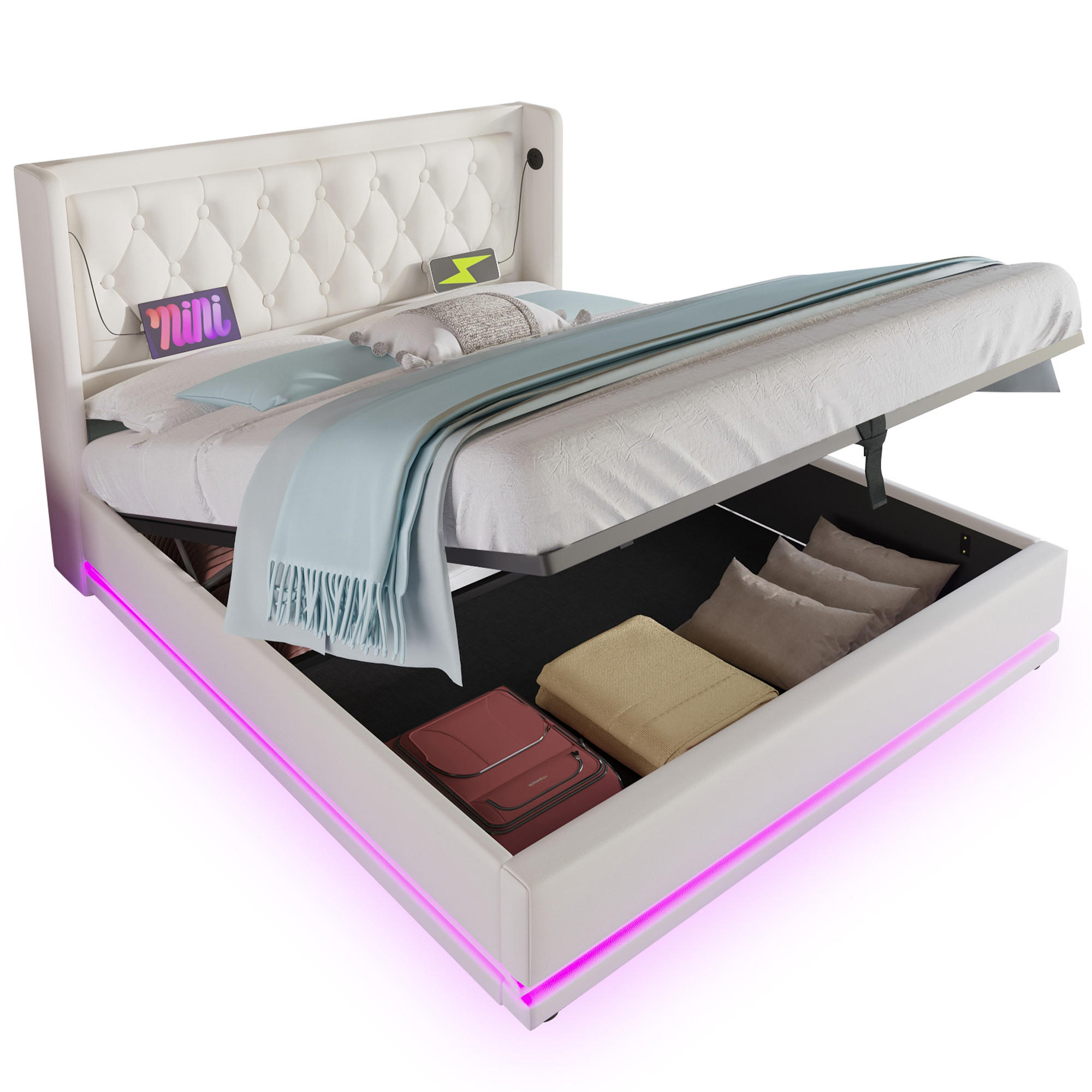 POLSTERBETT 160/200 cm Weiß PU mit hydraulischem Stauraum und USB-C-Anschlüssen - Weiß, Kunststoff (160/200cm) - OKWISH