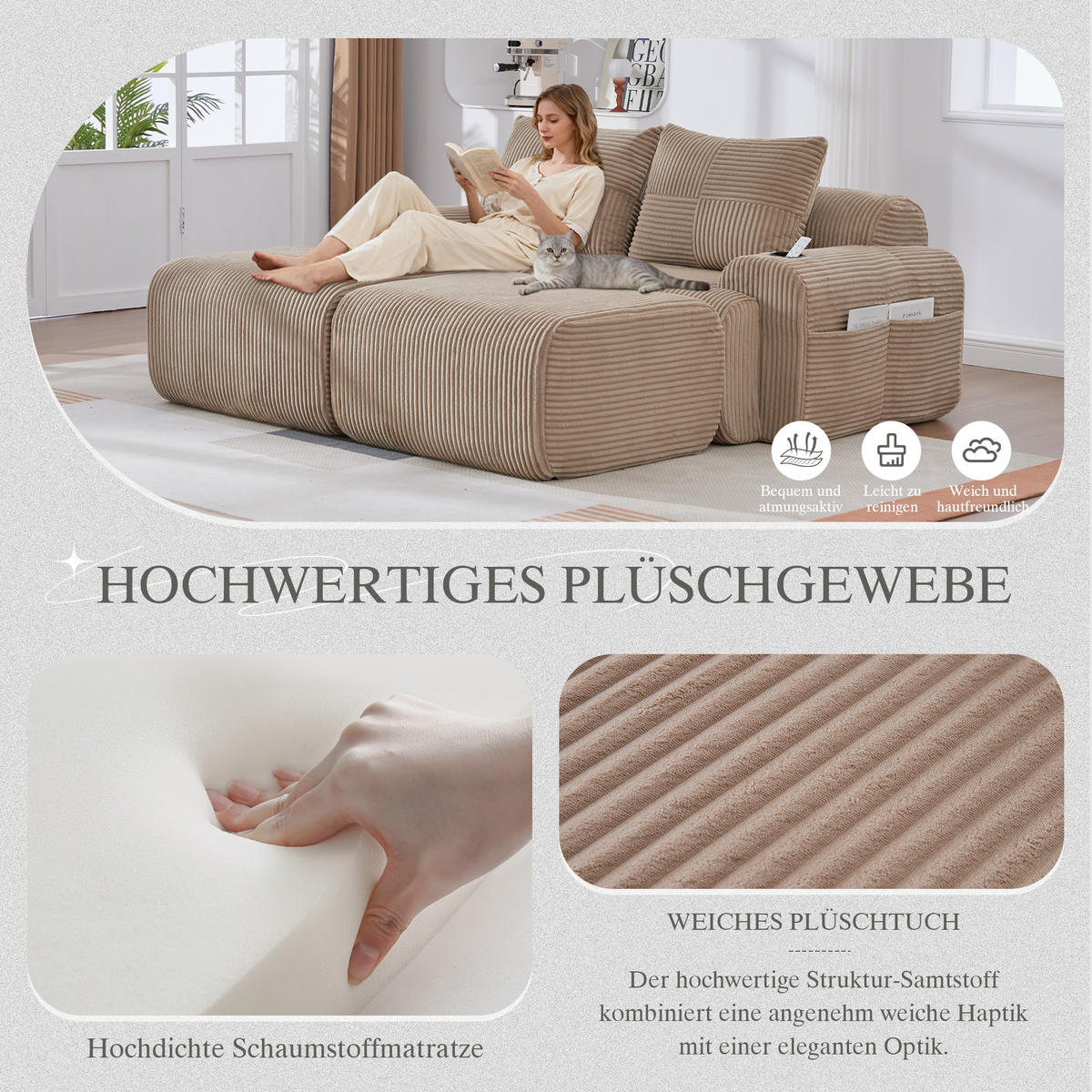 MODULARES 2-Sitzer Cordsofa mit 2 Hockern Getränkehalter und Seitentasche 200/174/80 cm Sandfarben - Sandfarben, Textil (174/80/200cm) - Redom