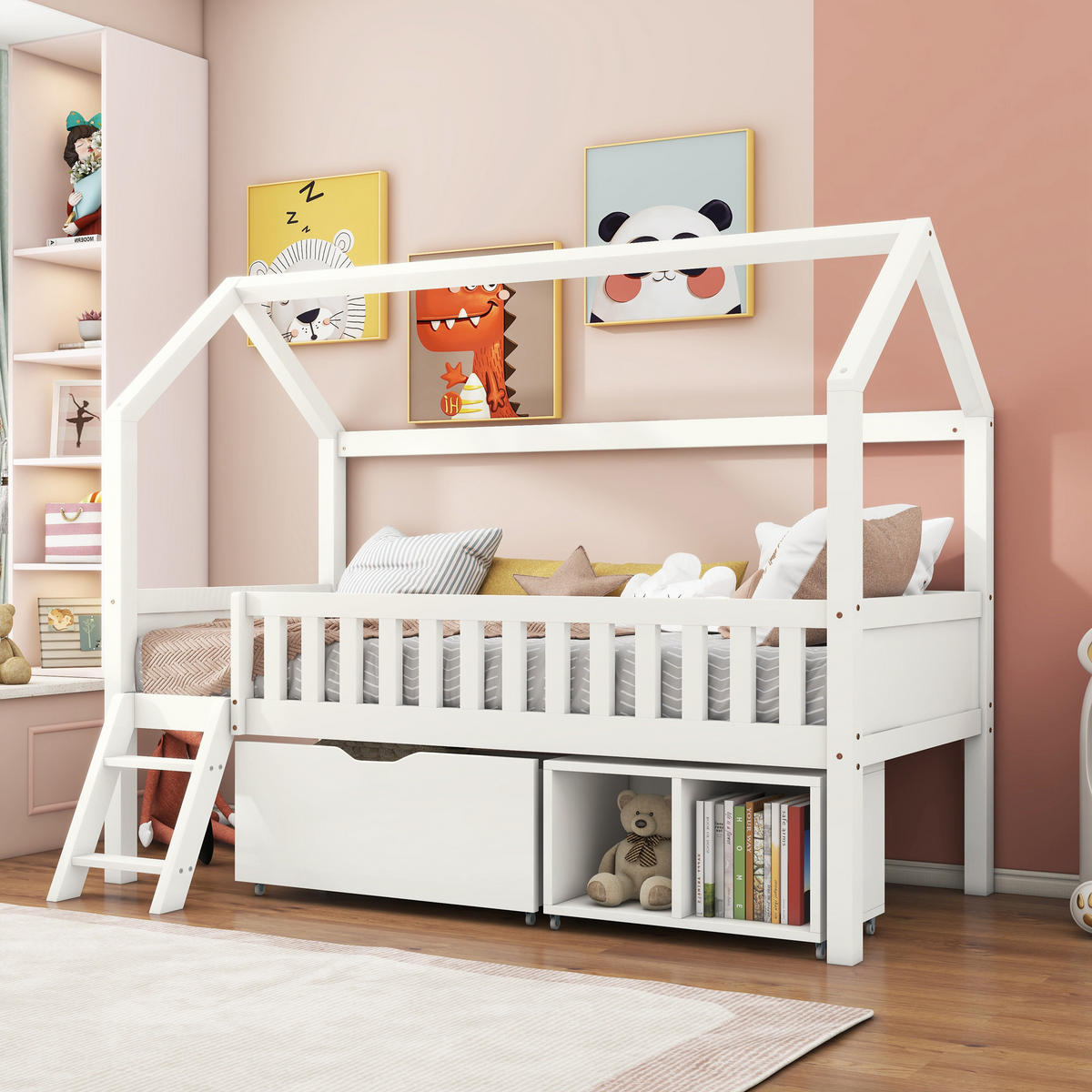 HAUSBETT 90/200 cm in Weiß mit Anti-Drop-Geländer - Weiß, Holz (90/200cm) - KOMHTOM