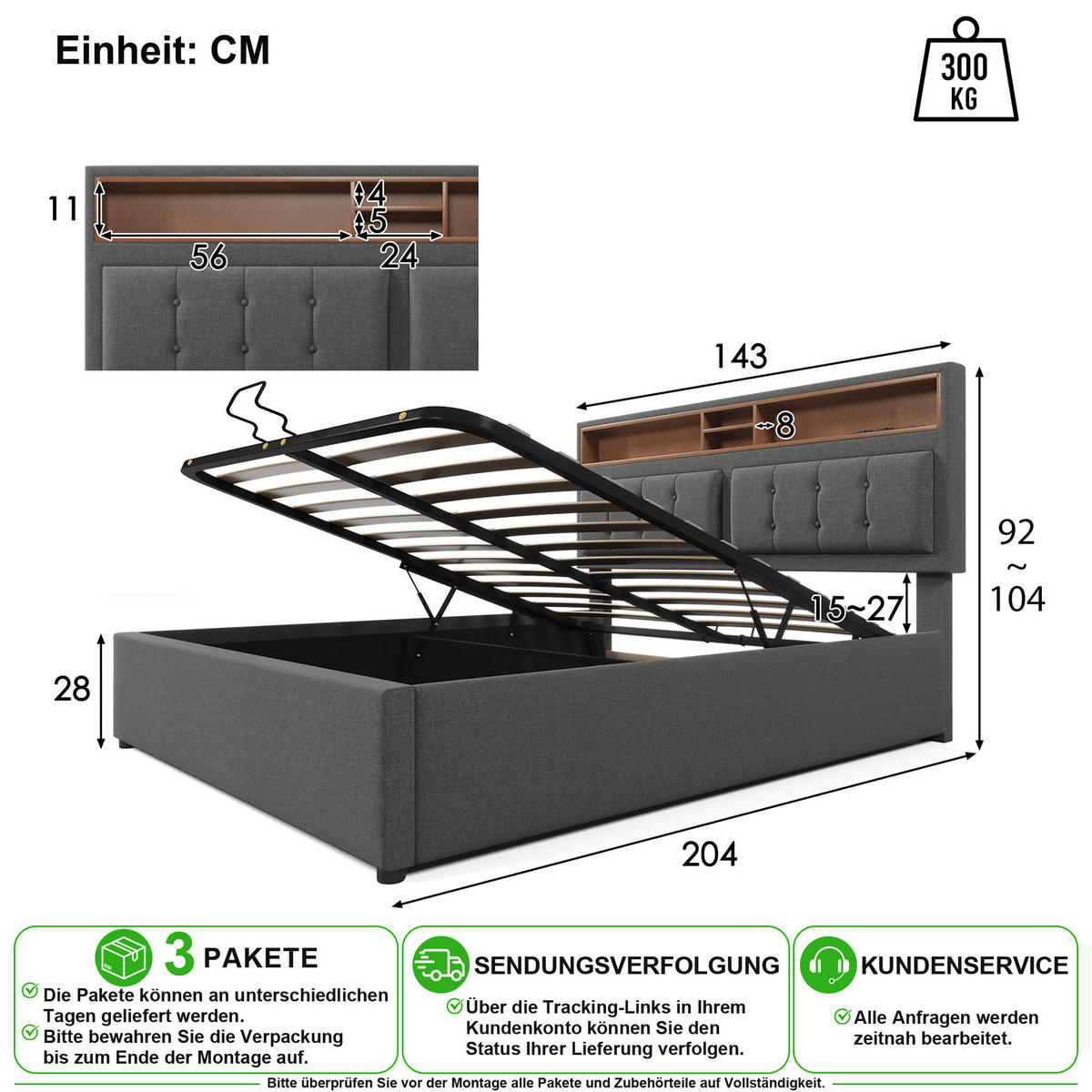 ČALOUNĚNÁ POSTEL 140/200 cm v šedé barvě s úložným prostorem, USB a Type-C - šedá, kov/kompozitní dřevo (140/200cm) - CHICFURN