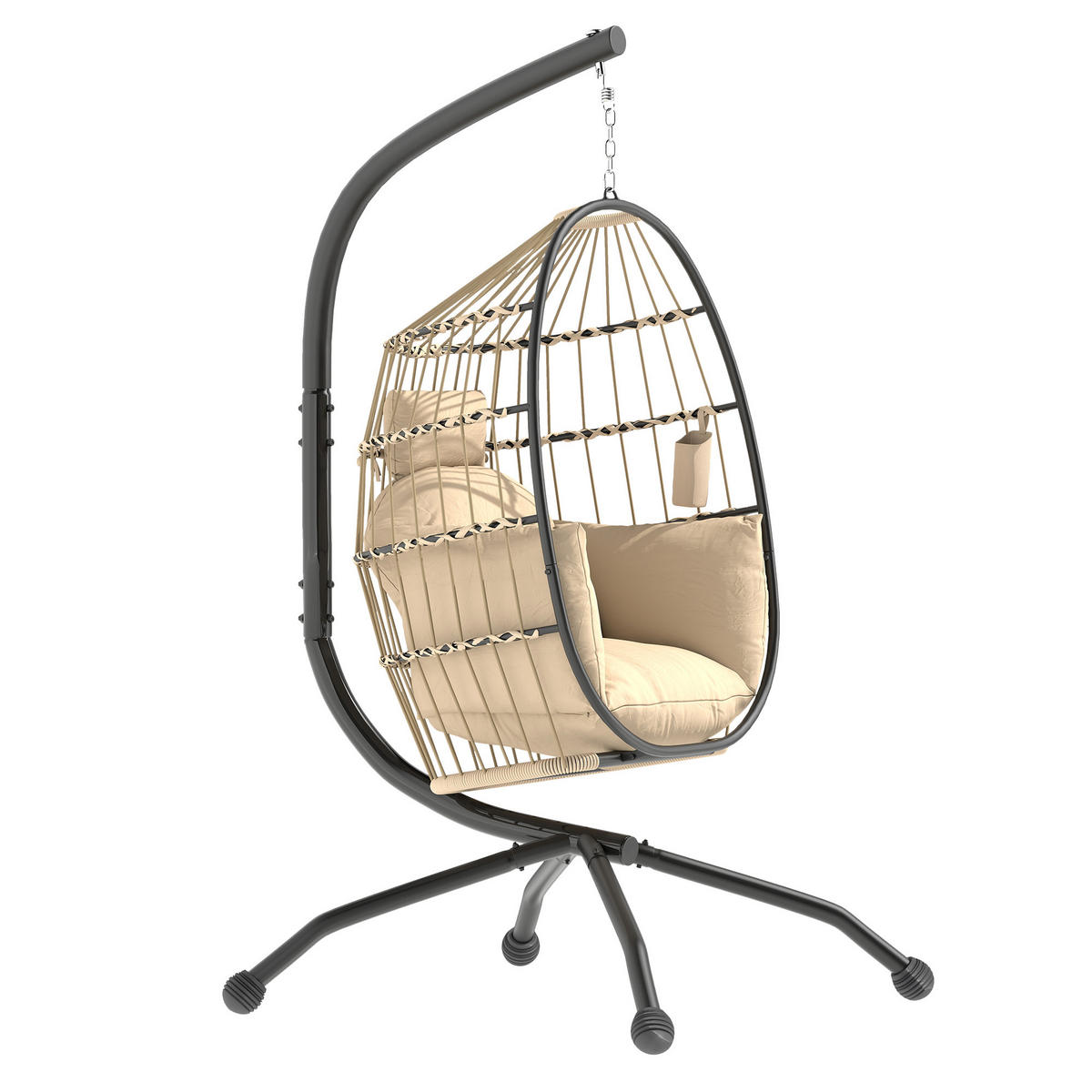 HÄNGESESSEL DE-07075 faltbarer Korbsitz, Kopfstütze, Becherhalter Khaki - Taupe, Metall (88/192/120cm) - ComfortXL