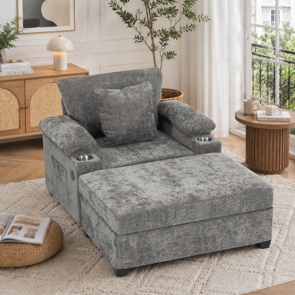 SESSEL DE-35287 mit USB und Getränkehalter Grau - Grau, Textil (98/83/148cm) - ComfortXL